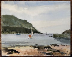 Hope Cove Devon Harbour View with Sailboats and Beach Watercolour Painting 1984