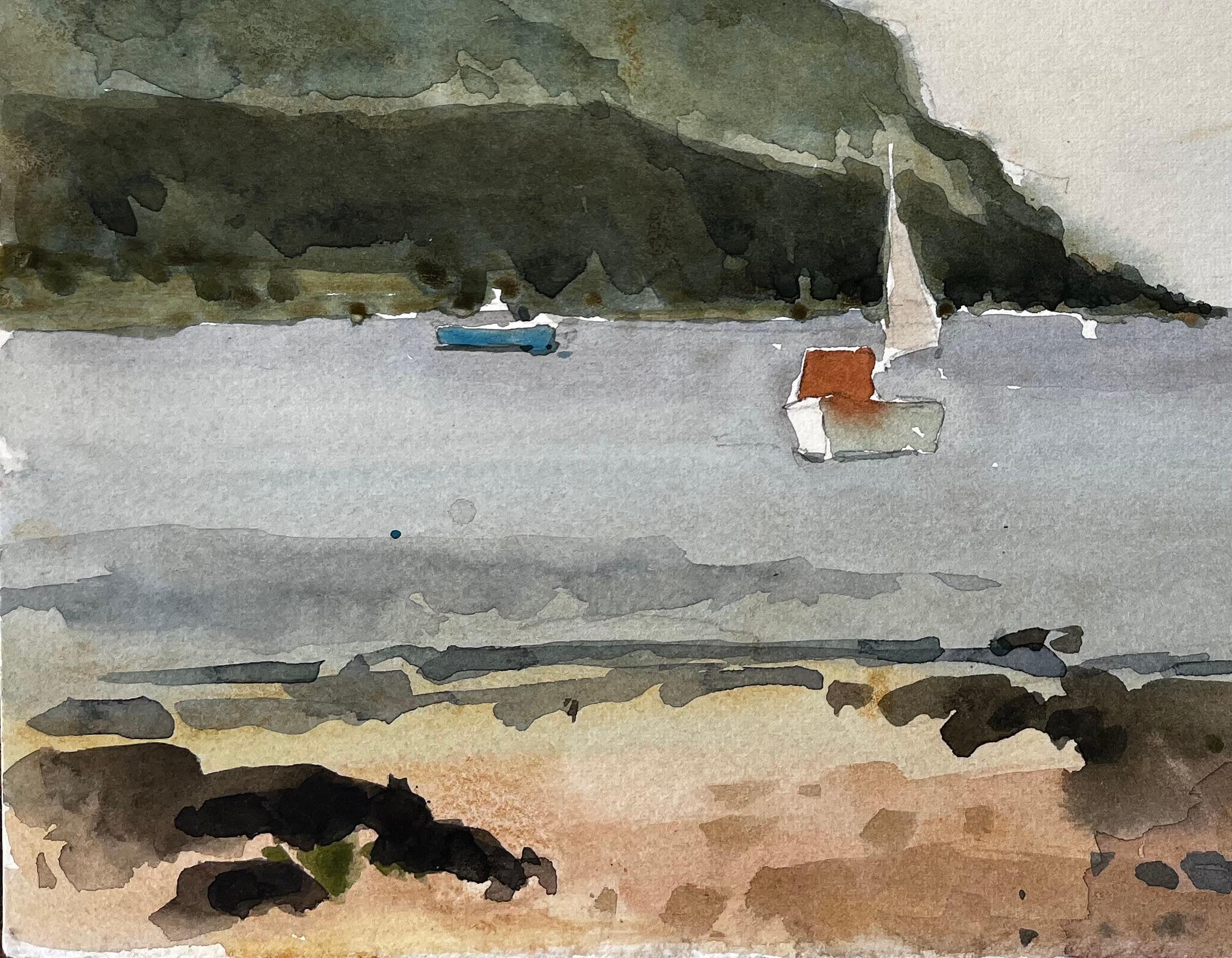 Hope Cove Devon Harbour View with Sailboats and Beach Aquarelle 1984 - Impressionnisme Painting par Anthony Herbert