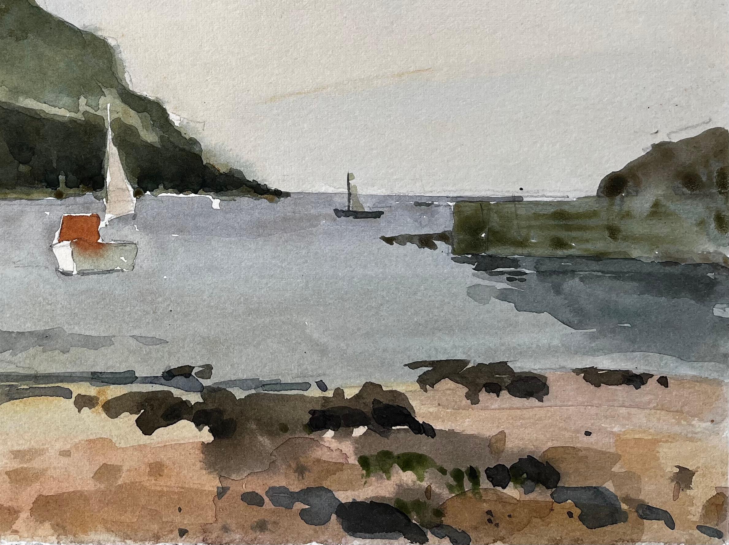 Hope Cove Devon Harbour View with Sailboats and Beach Aquarelle 1984 - Gris Landscape Painting par Anthony Herbert