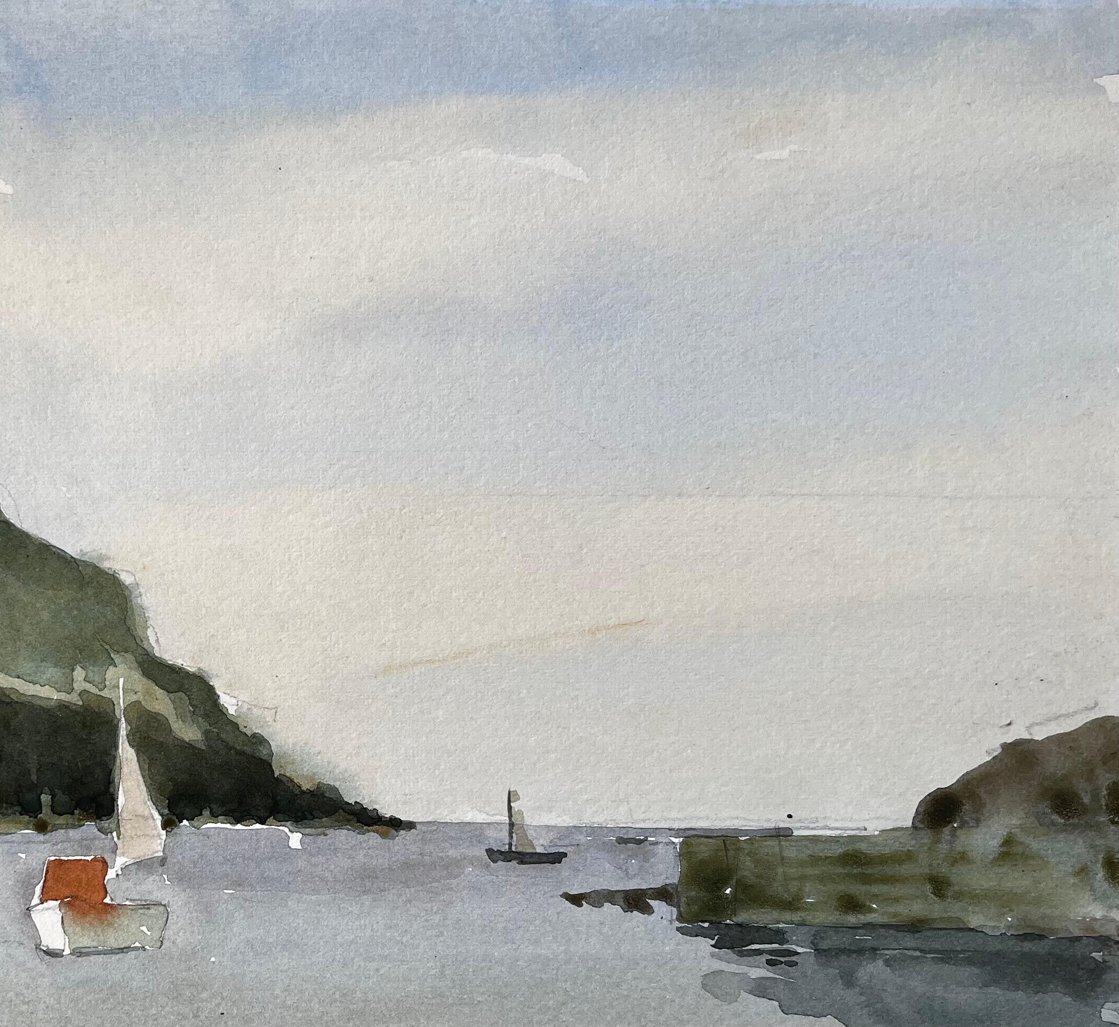 Hope Cove Devon Harbour View with Sailboats and Beach Aquarelle 1984 en vente 1