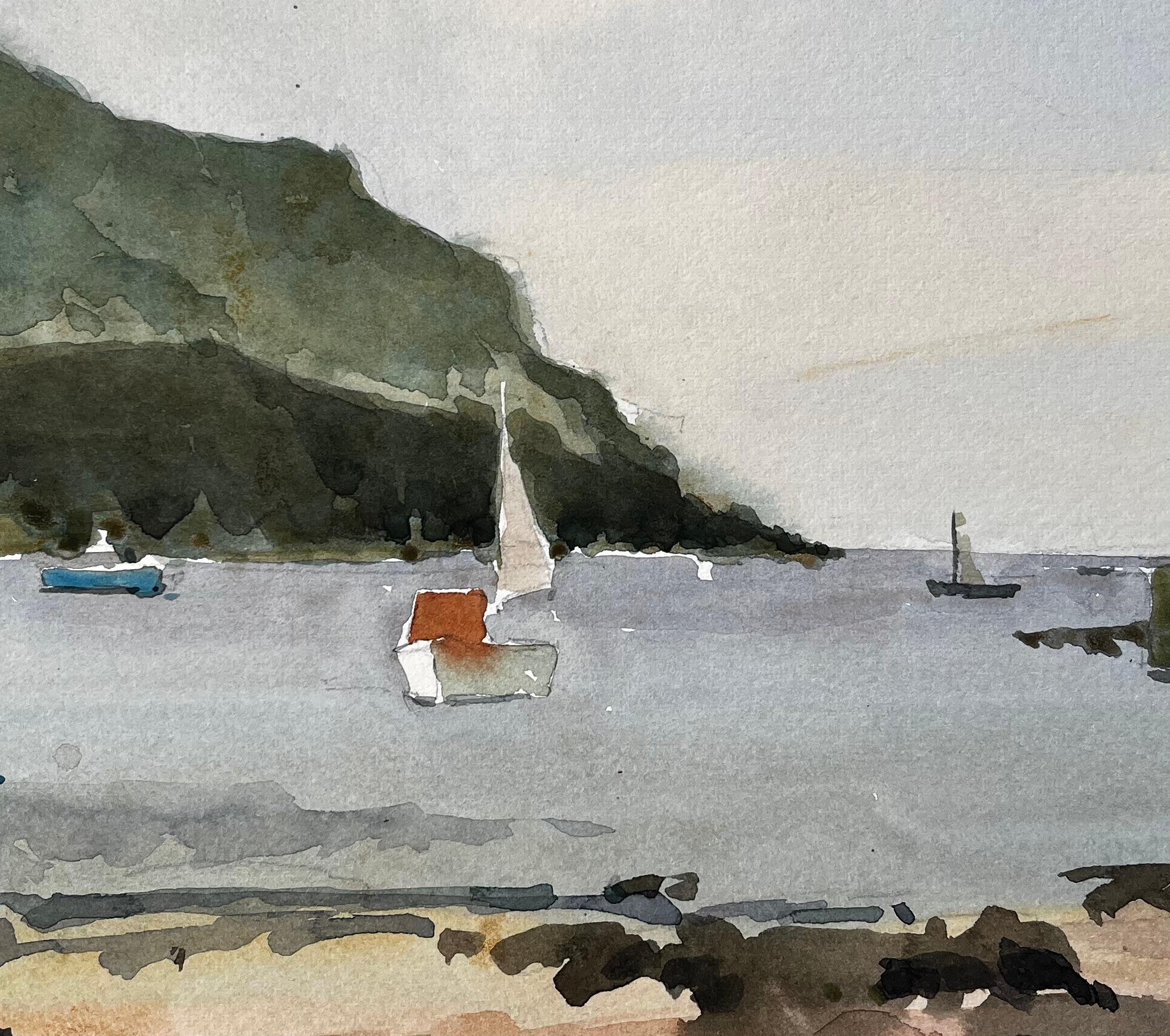 Hope Cove Devon Harbour View with Sailboats and Beach Aquarelle 1984 en vente 2