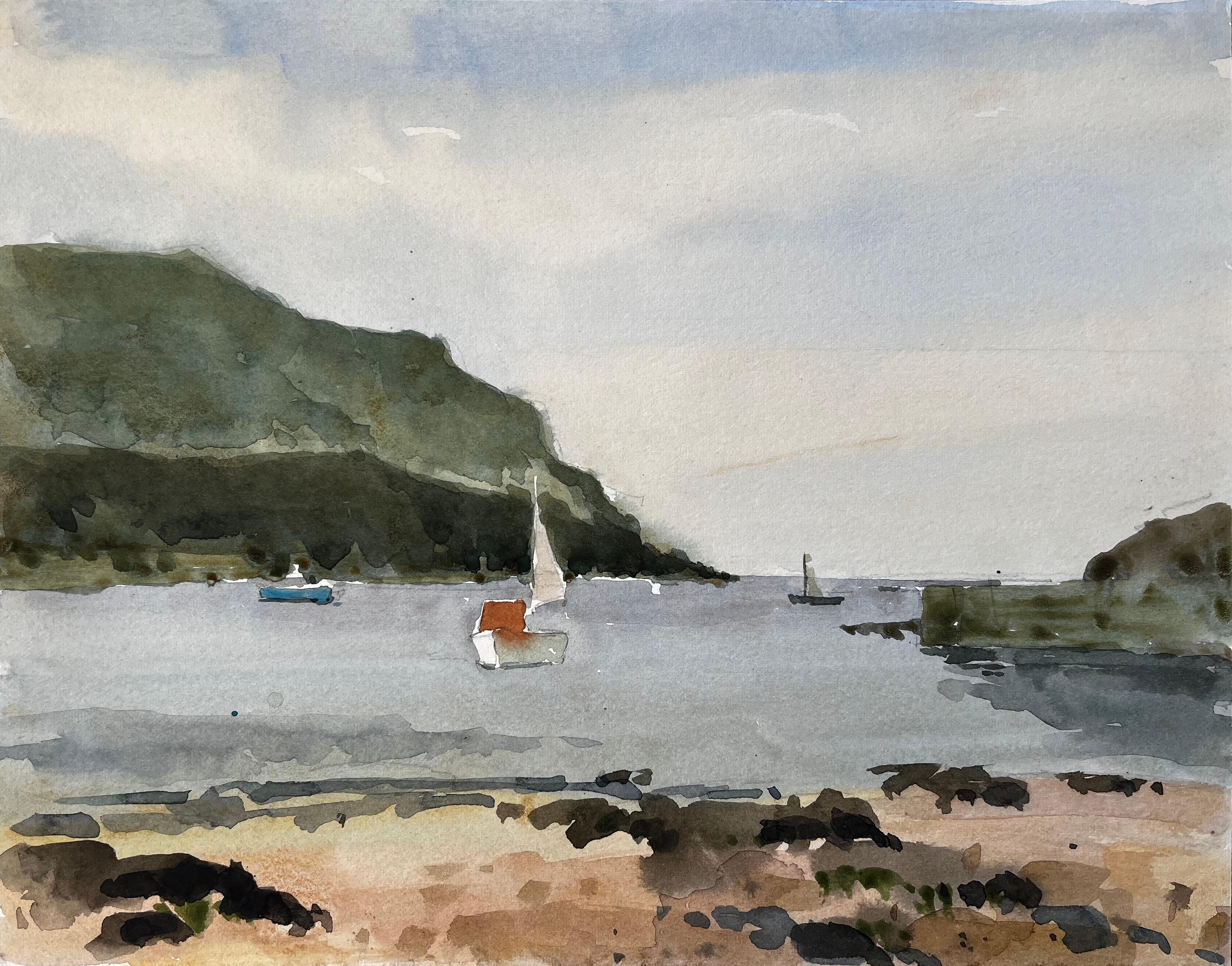 Hope Cove Devon Hafenansicht mit Segelbooten und Strand Aquarellmalerei 1984
