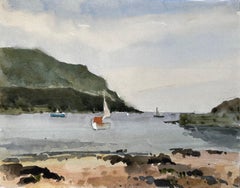 Hope Cove Devon Vista del puerto con veleros y playa Pintura a la acuarela 1984