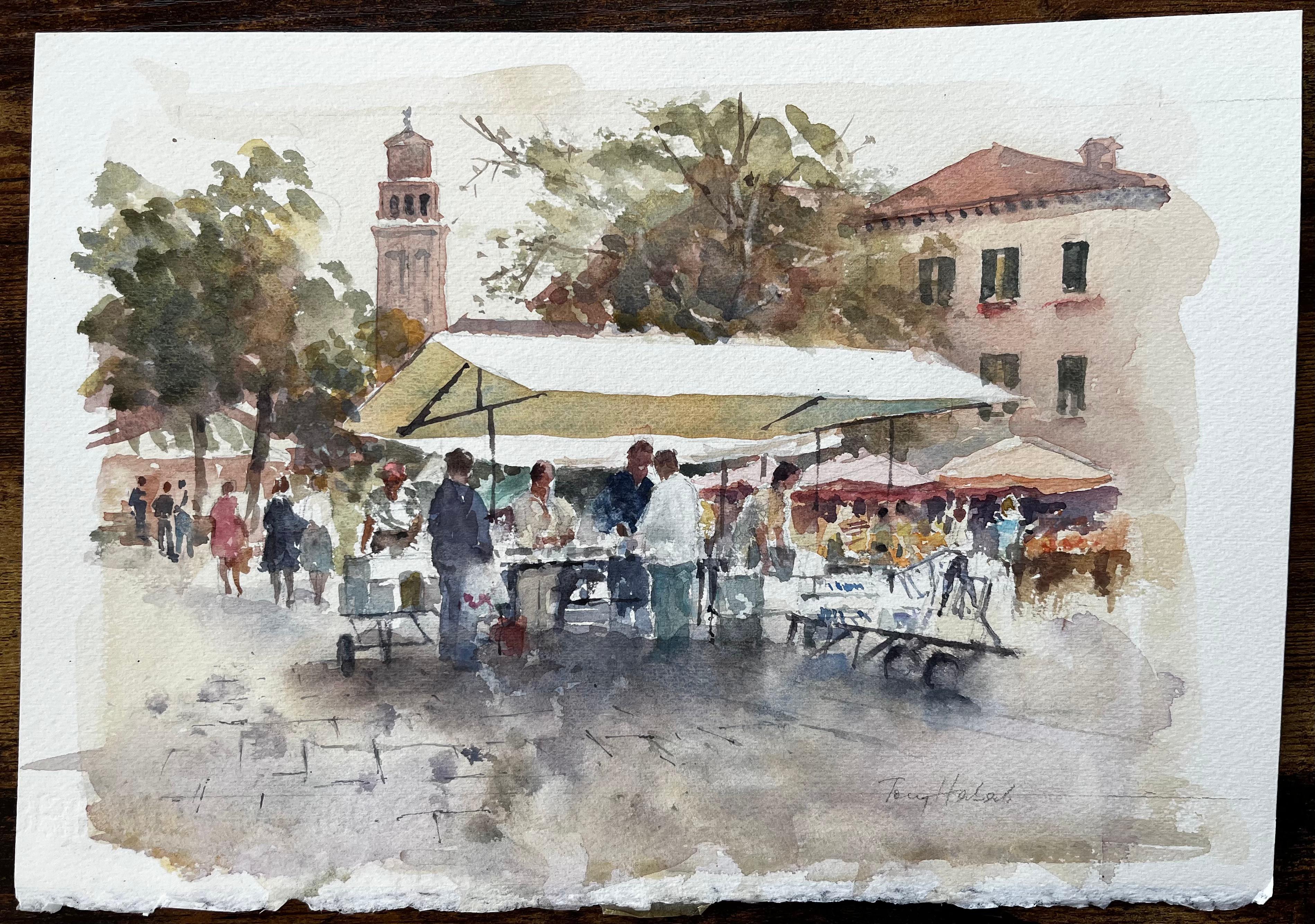 Italienische Marktszene mit Regenschirmen und Glockenturm, signiert Continental Street – Painting von Anthony Herbert