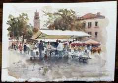 Italian Market Scene with Umbrellas and Bell Tower Signed Continental Street
