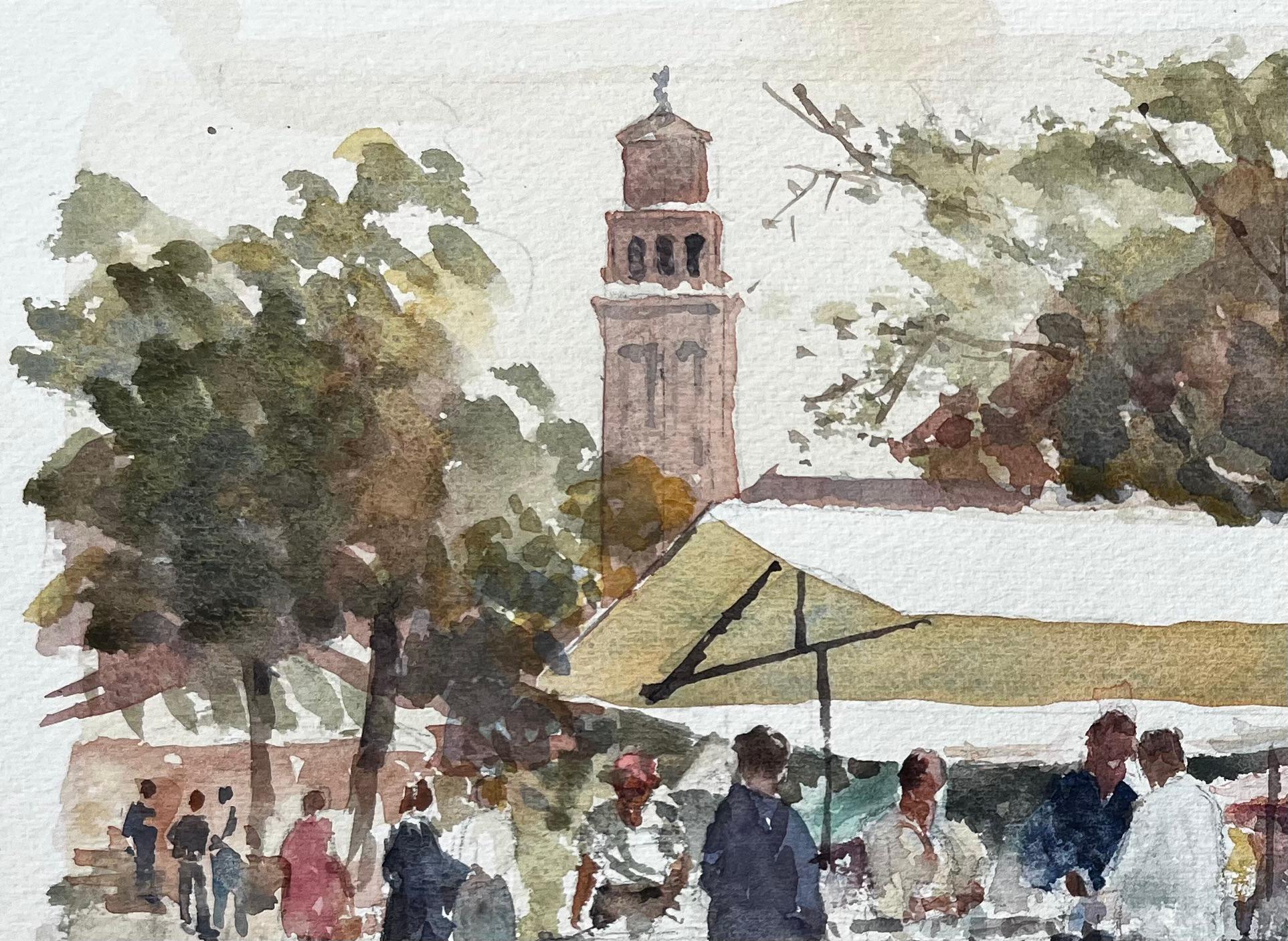 Italienische Marktszene mit Regenschirmen und Glockenturm, signiert Continental Street (Impressionismus), Painting, von Anthony Herbert