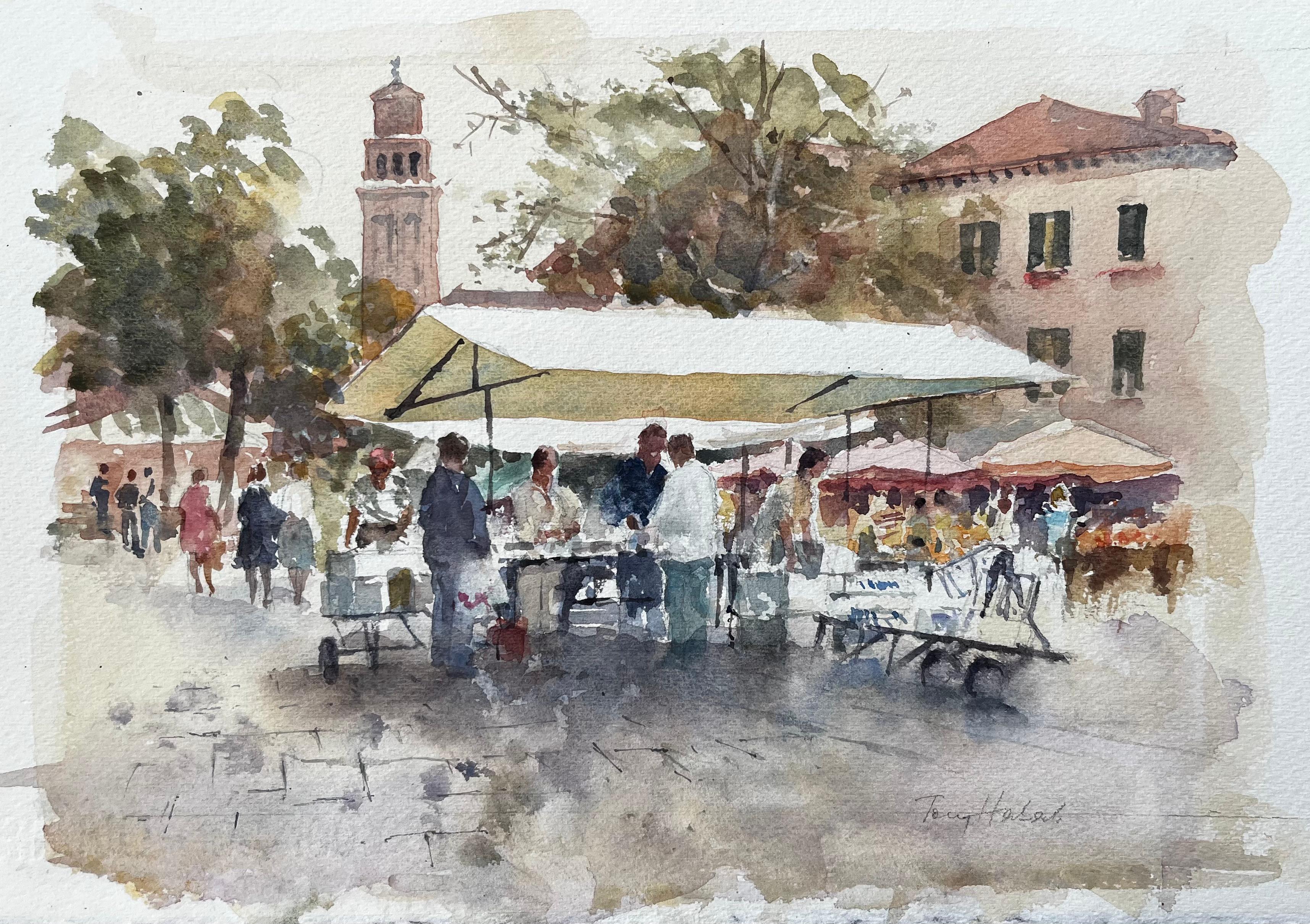 Anthony Herbert Landscape Painting – Italienische Marktszene mit Regenschirmen und Glockenturm, signiert Continental Street