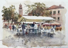 Escena de mercado italiano con sombrillas y campanario Firmado Calle Continental
