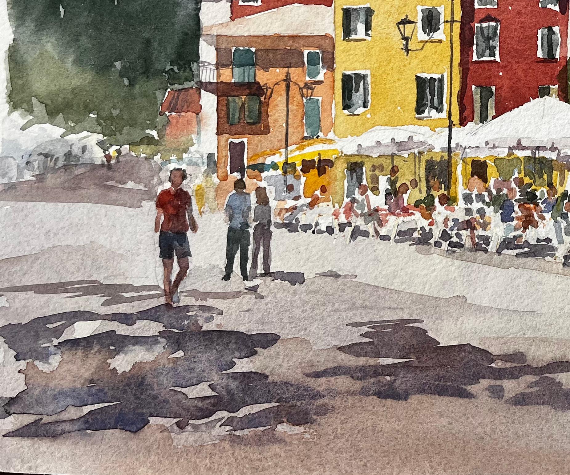 Italienische Piazza mit bunten Gebäuden und Straßencafé Continental Street (Impressionismus), Painting, von Anthony Herbert