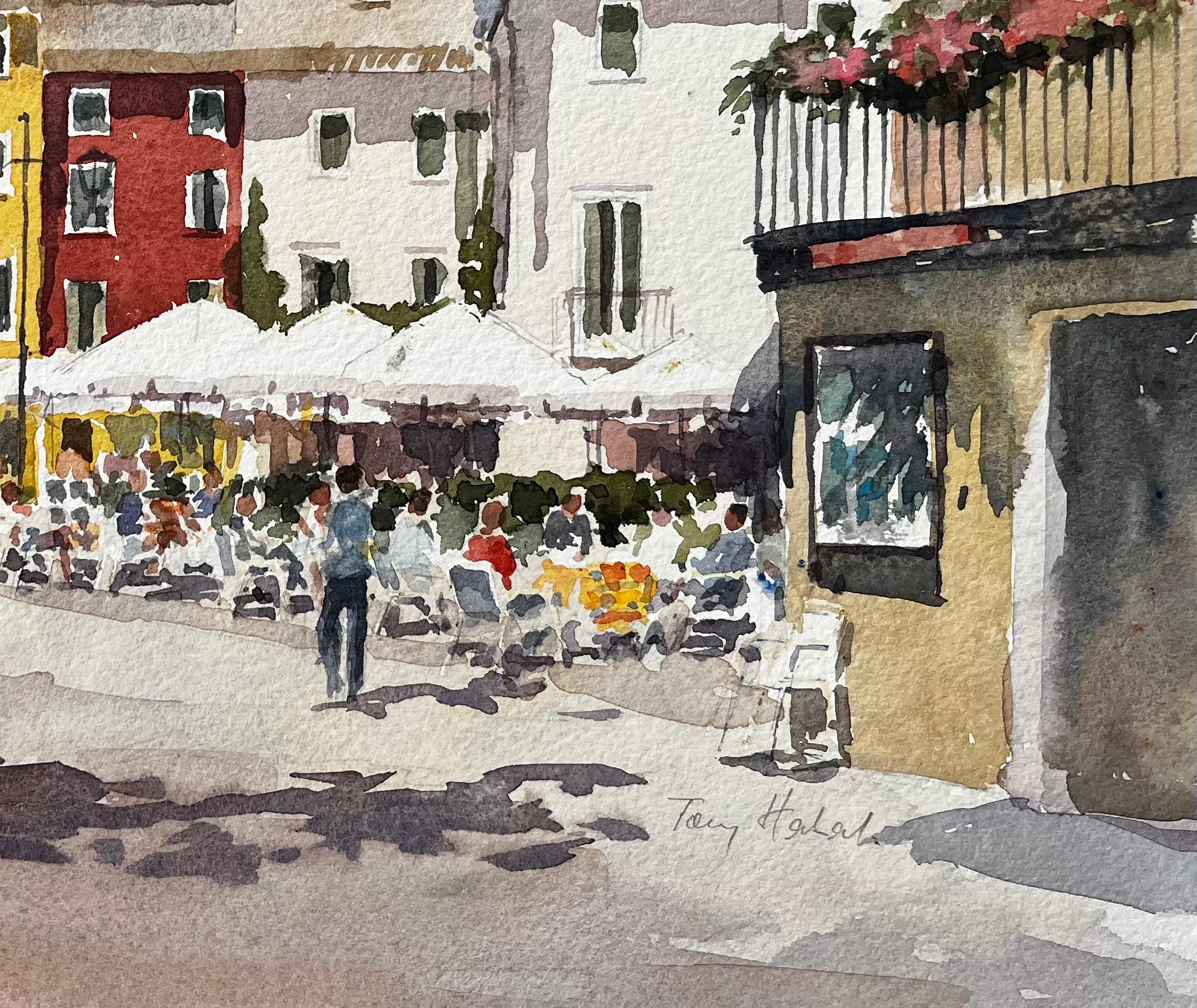 Titel: Italienische Piazza mit bunten Gebäuden und Außencafé Continental Street
Von Tony Herbert (1927-2024)
Unterschrieben: Rechte untere Ecke
Medium: Aquarell auf Papier, ungerahmt
Größe: 10,25 Zoll (Höhe) x 13,5 Zoll (Breite)
Zustand: gut, einige