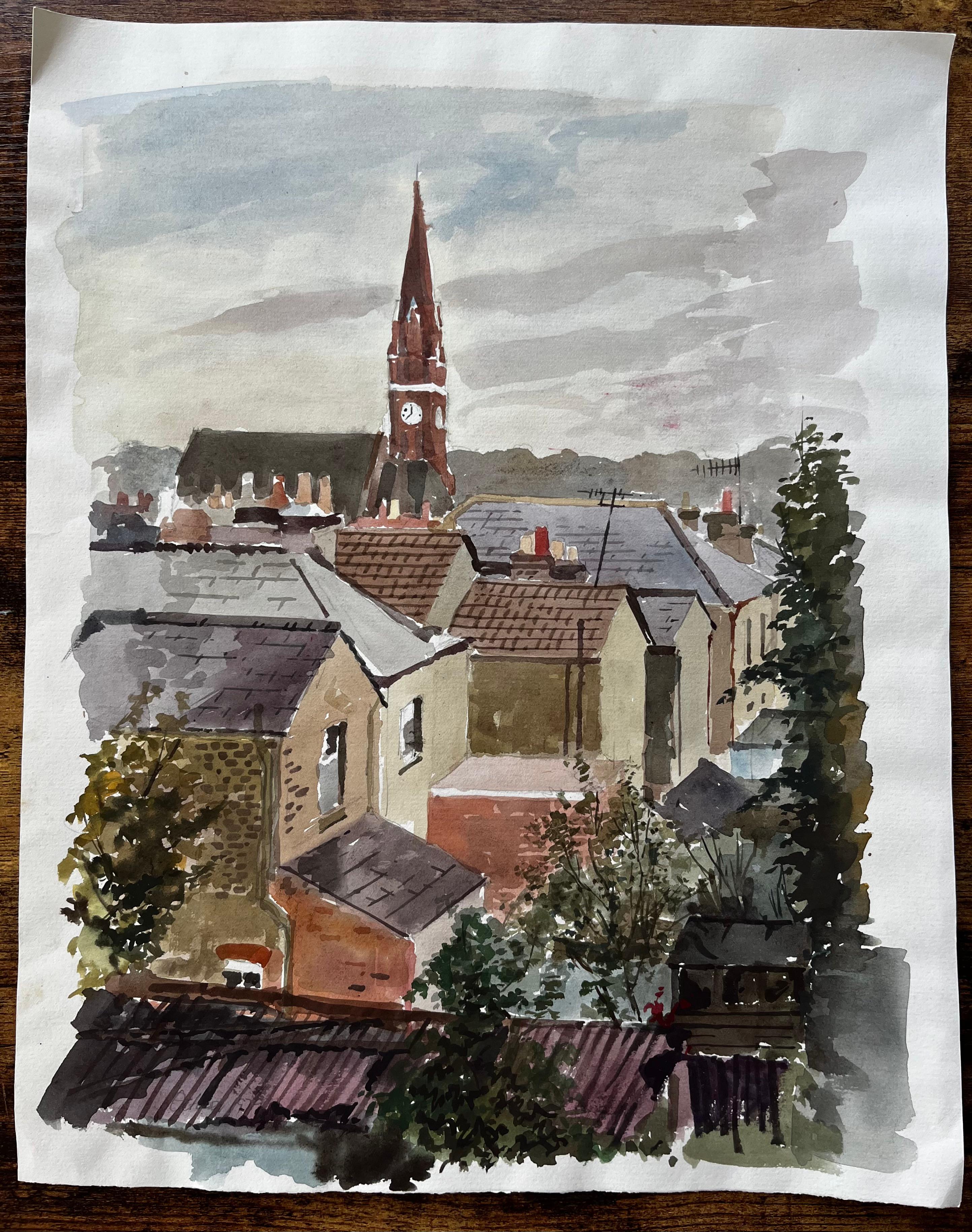 Kingston London Dachansicht mit Kirchturm 1979 Original-Aquarell – Painting von Anthony Herbert