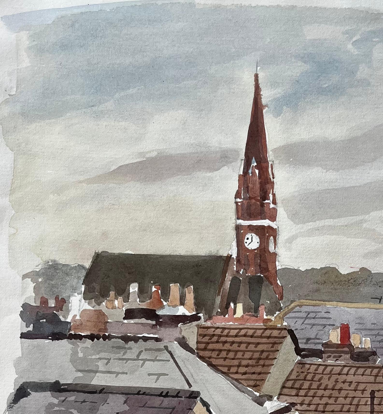 Kingston London Dachansicht mit Kirchturm 1979 Original-Aquarell (Impressionismus), Painting, von Anthony Herbert
