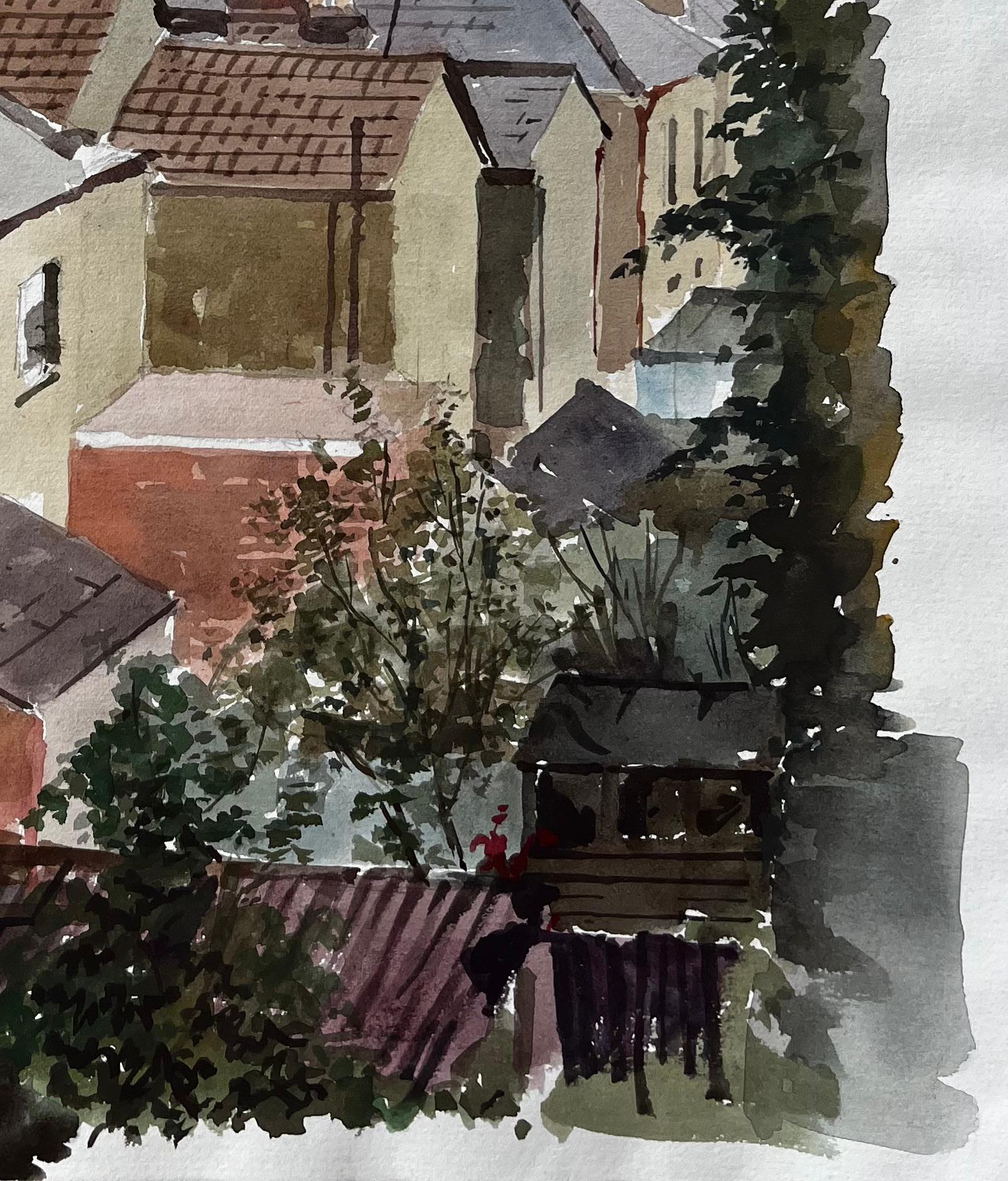 Kingston London Dachansicht mit Kirchturm 1979 Original-Aquarell (Grau), Landscape Painting, von Anthony Herbert