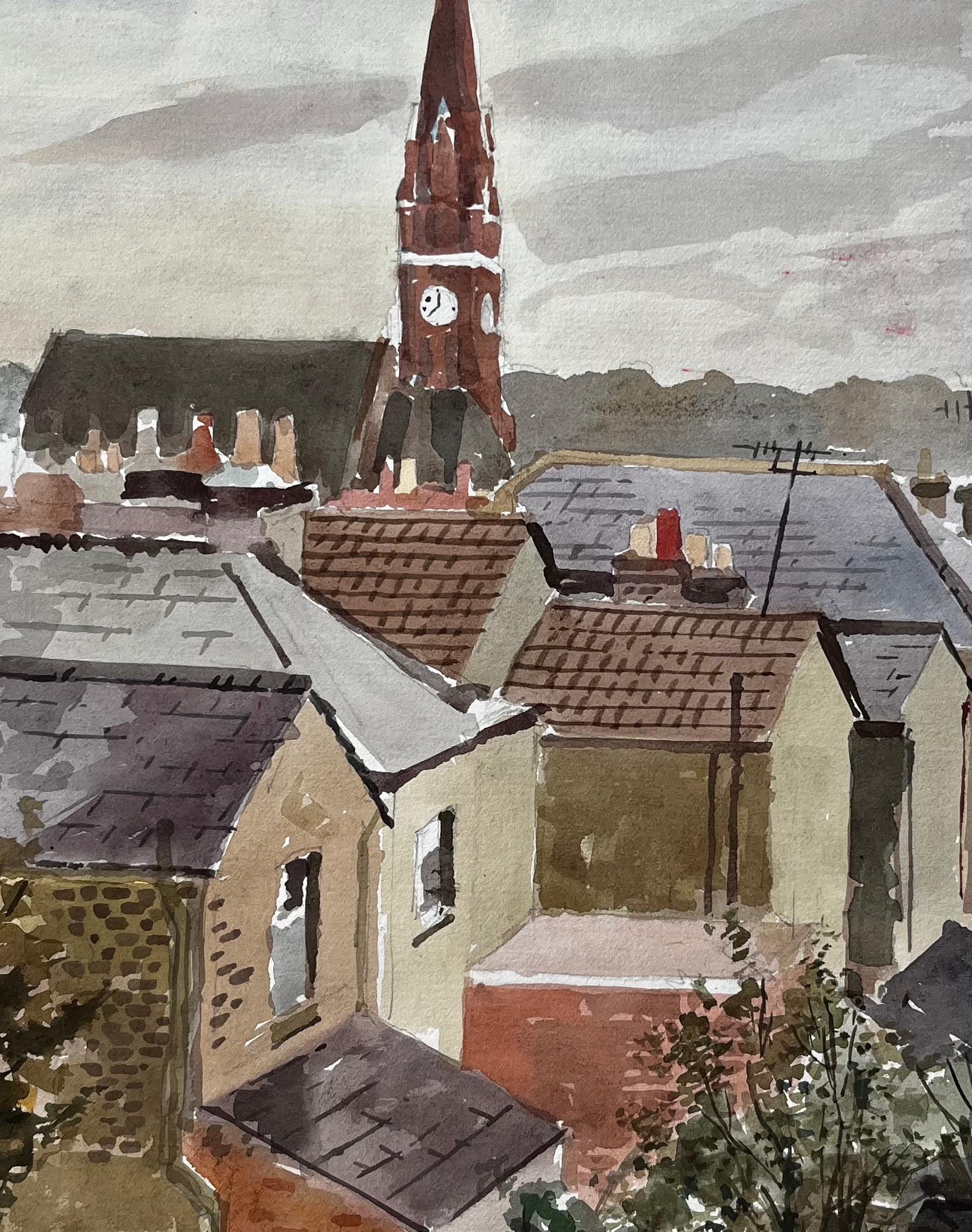Kingston London Dachansicht mit Kirchturm 1979 Original-Aquarell im Angebot 1