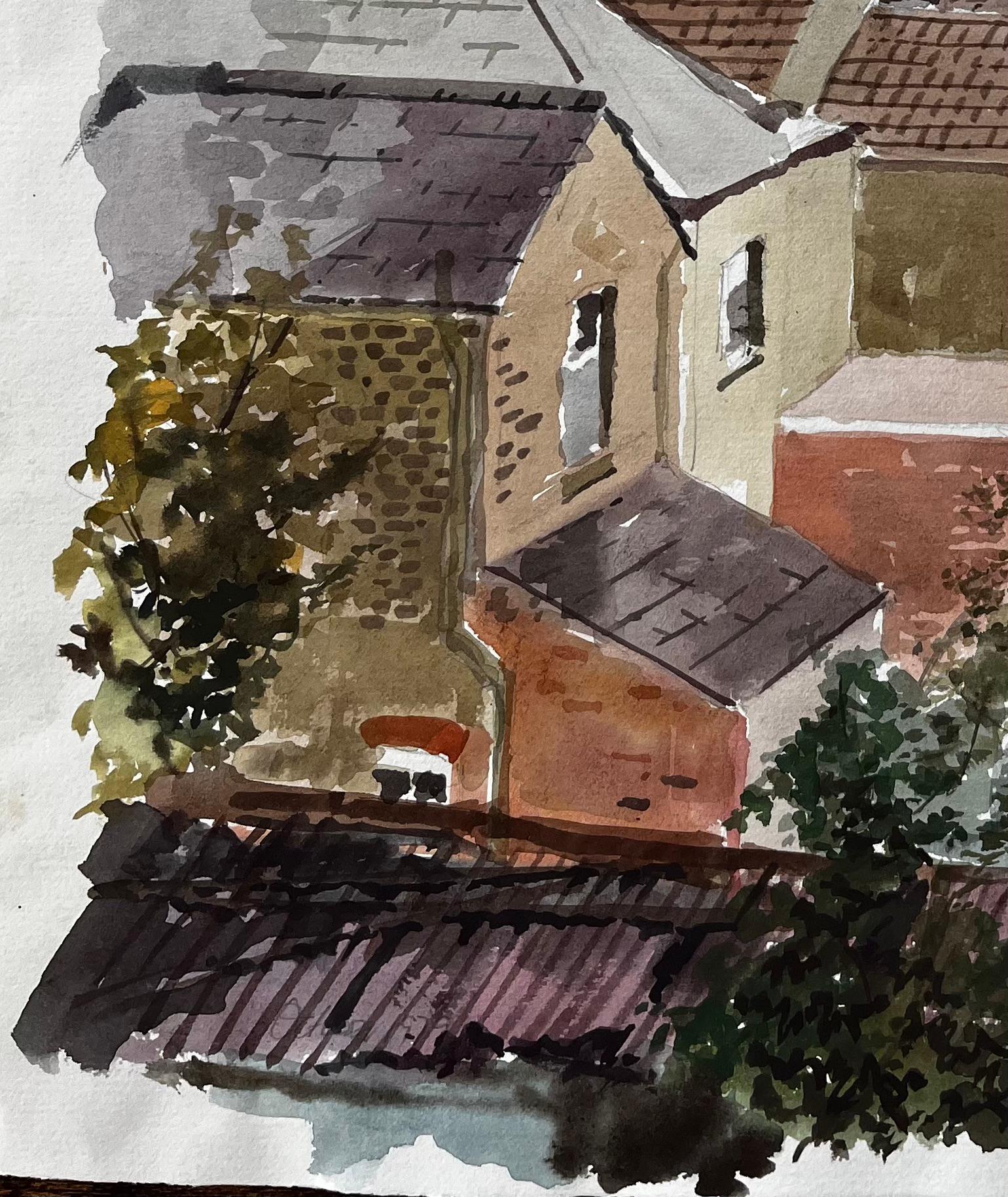 Kingston London Dachansicht mit Kirchturm 1979 Original-Aquarell im Angebot 2