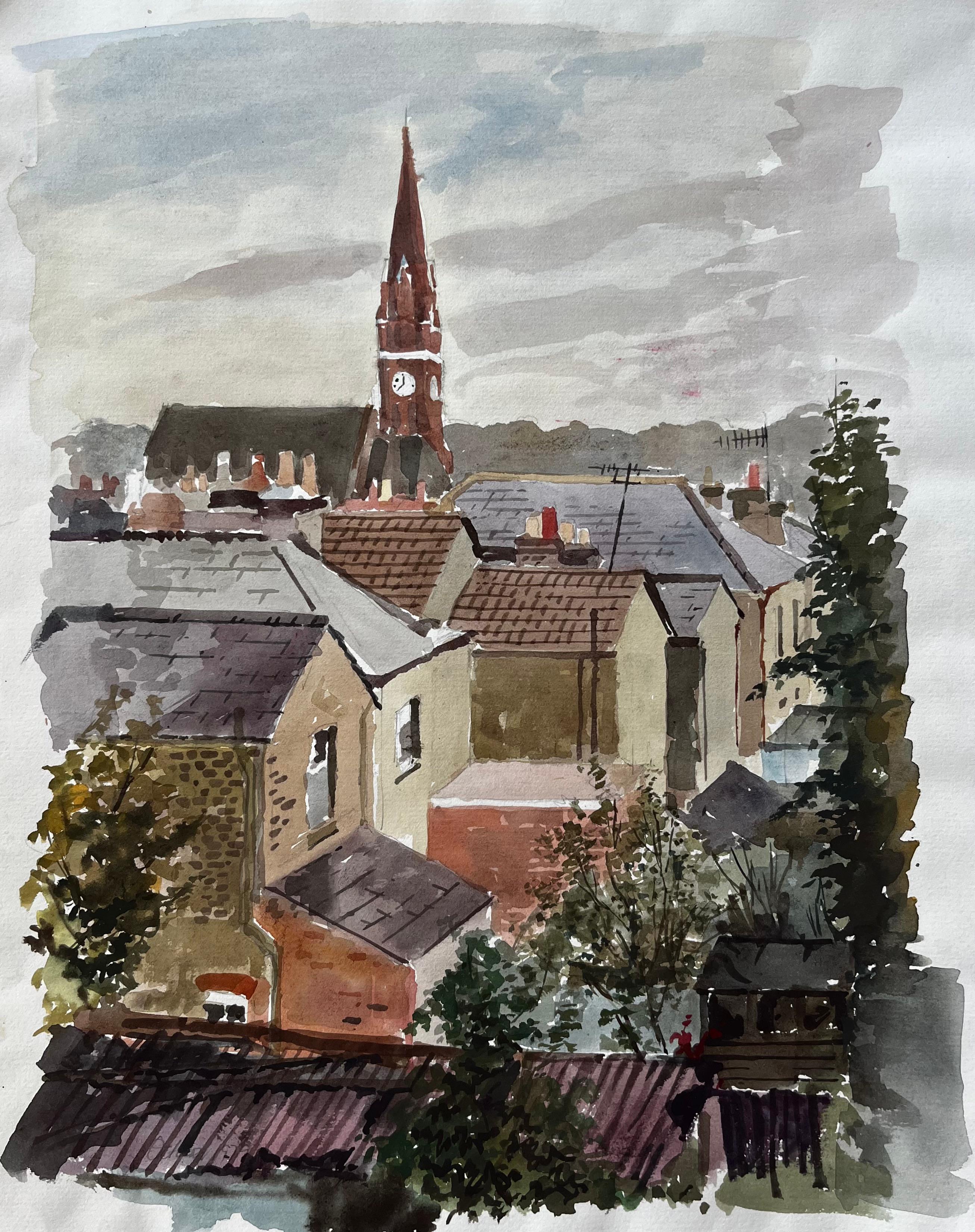 Anthony Herbert Landscape Painting – Kingston London Dachansicht mit Kirchturm 1979 Original-Aquarell