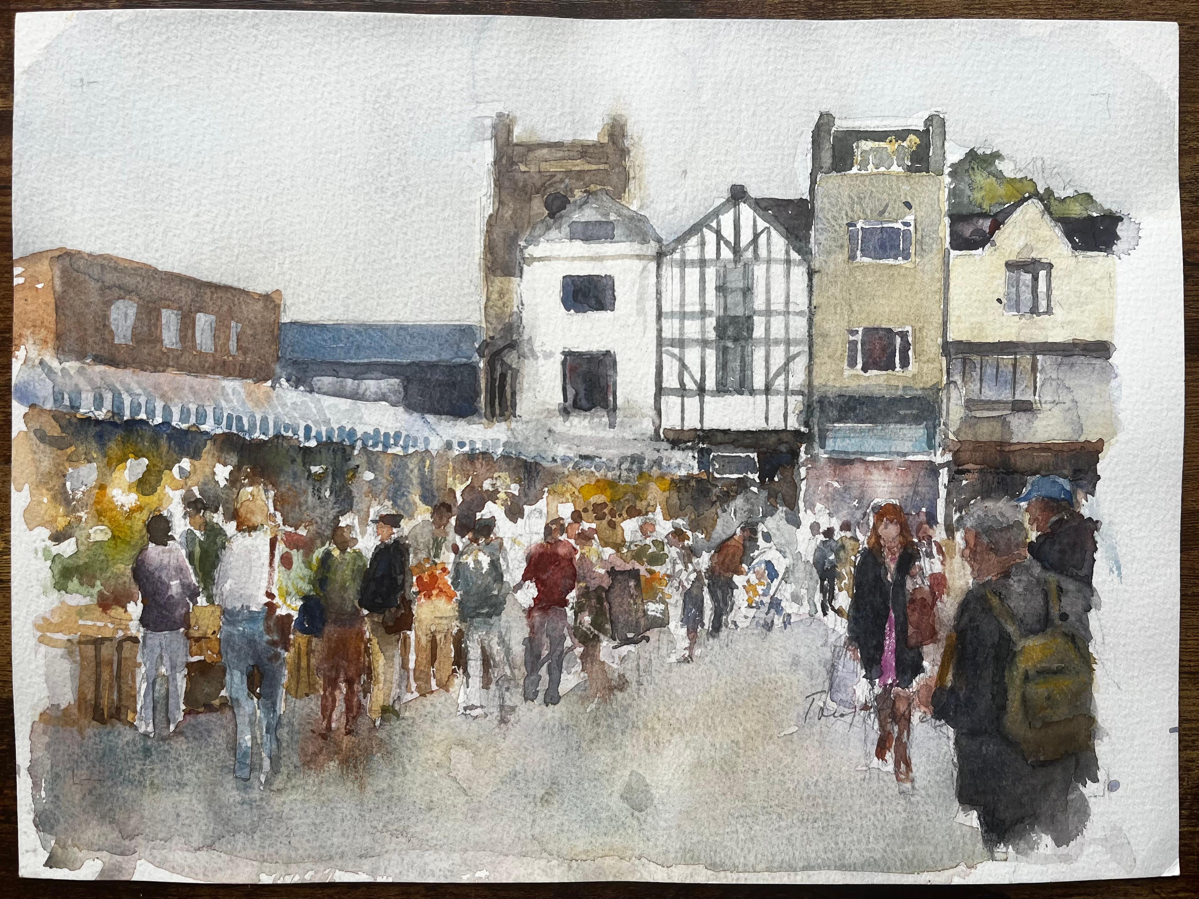 Kingston Market London Aquarell der belebten Straßenszene mit Tudor-Fassade – Art von Anthony Herbert