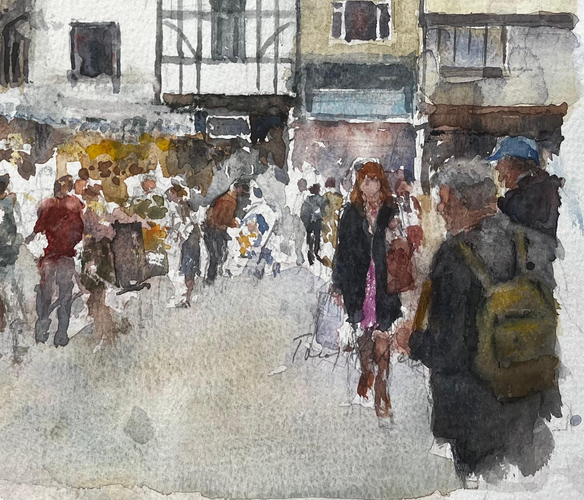 Kingston Market London Aquarell der belebten Straßenszene mit Tudor-Fassade (Grau), Landscape Art, von Anthony Herbert