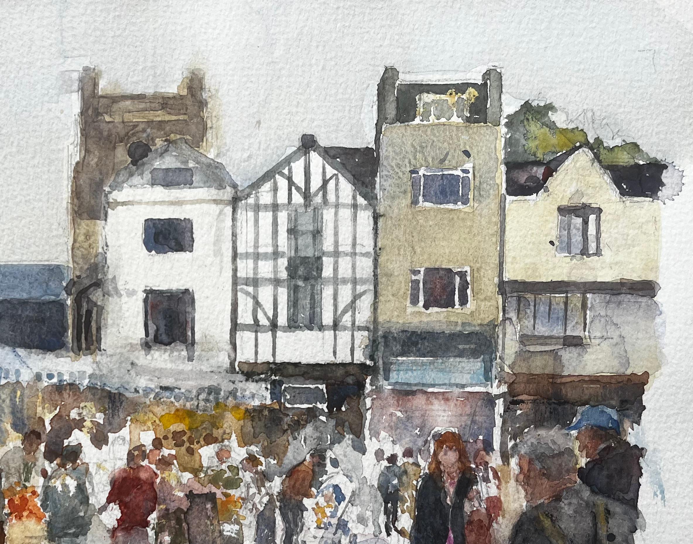 Kingston Market London Aquarell der belebten Straßenszene mit Tudor-Fassade im Angebot 1