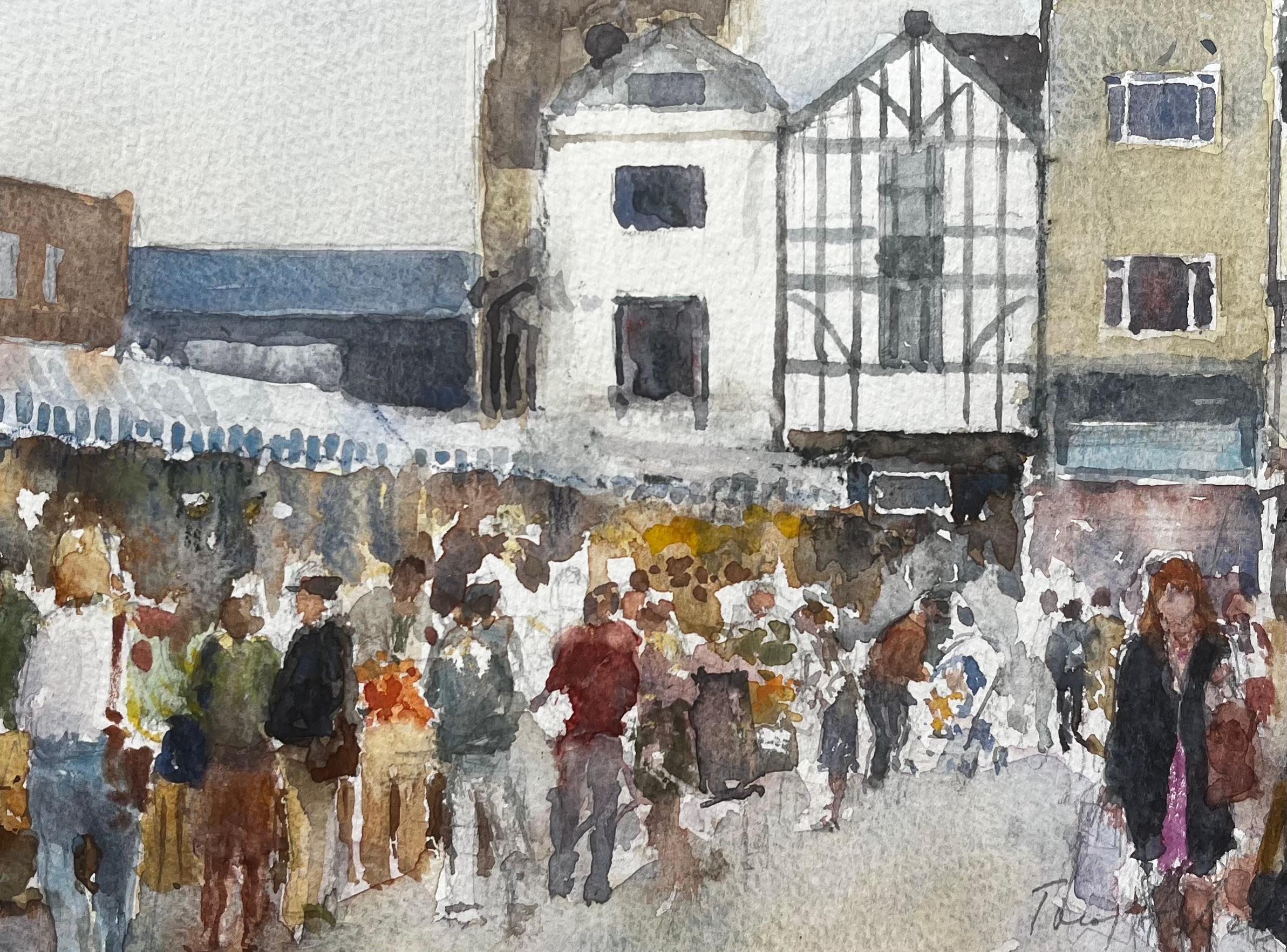 Kingston Market London Aquarell der belebten Straßenszene mit Tudor-Fassade im Angebot 2