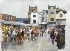 Kingston Market London Aquarell der belebten Straßenszene mit Tudor-Fassade