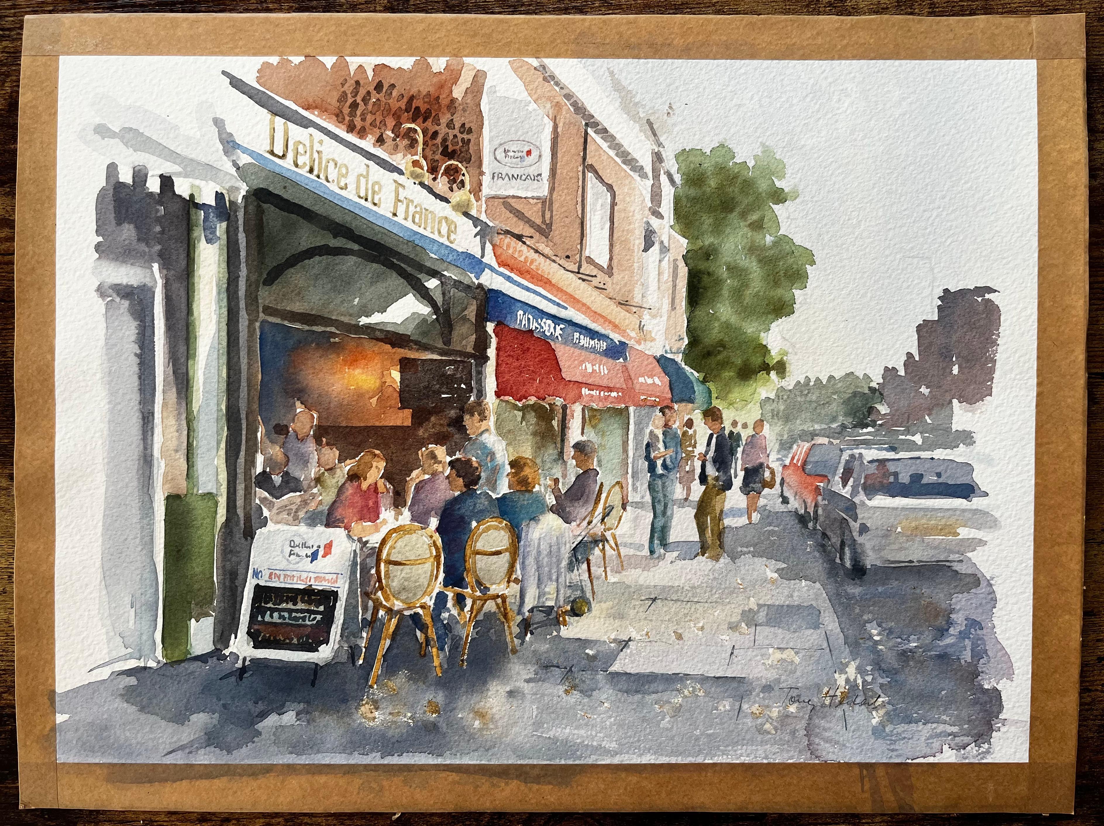 London Café Scene Delice de France with Diners and Red Awnings Street Study - Painting by Anthony Herbert