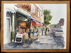 London Café Scene Delice de France with Diners and Red Awnings Street Study