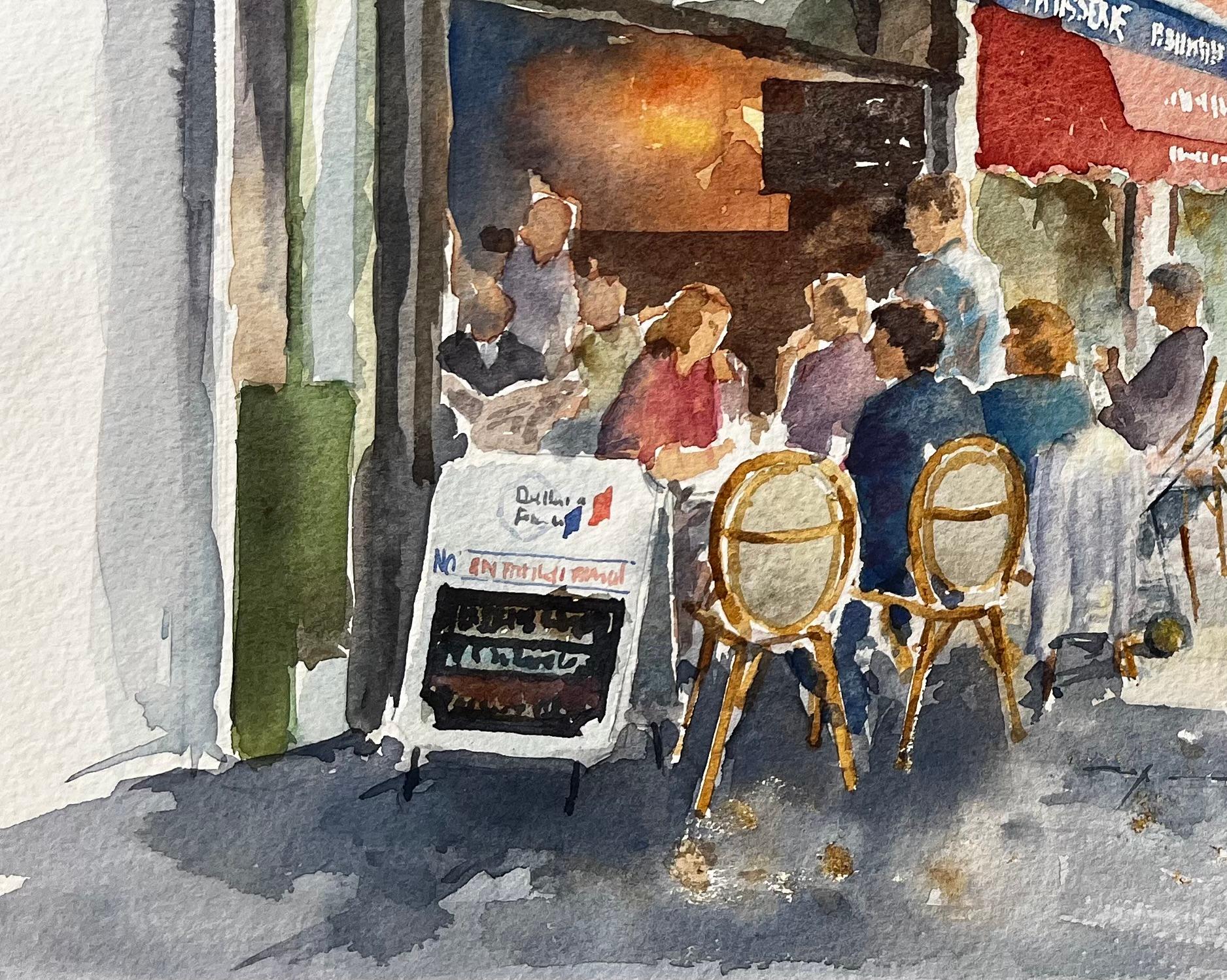 London Café Scene Delice de France with Diners and Red Awnings Street Study - Impressionist Painting by Anthony Herbert