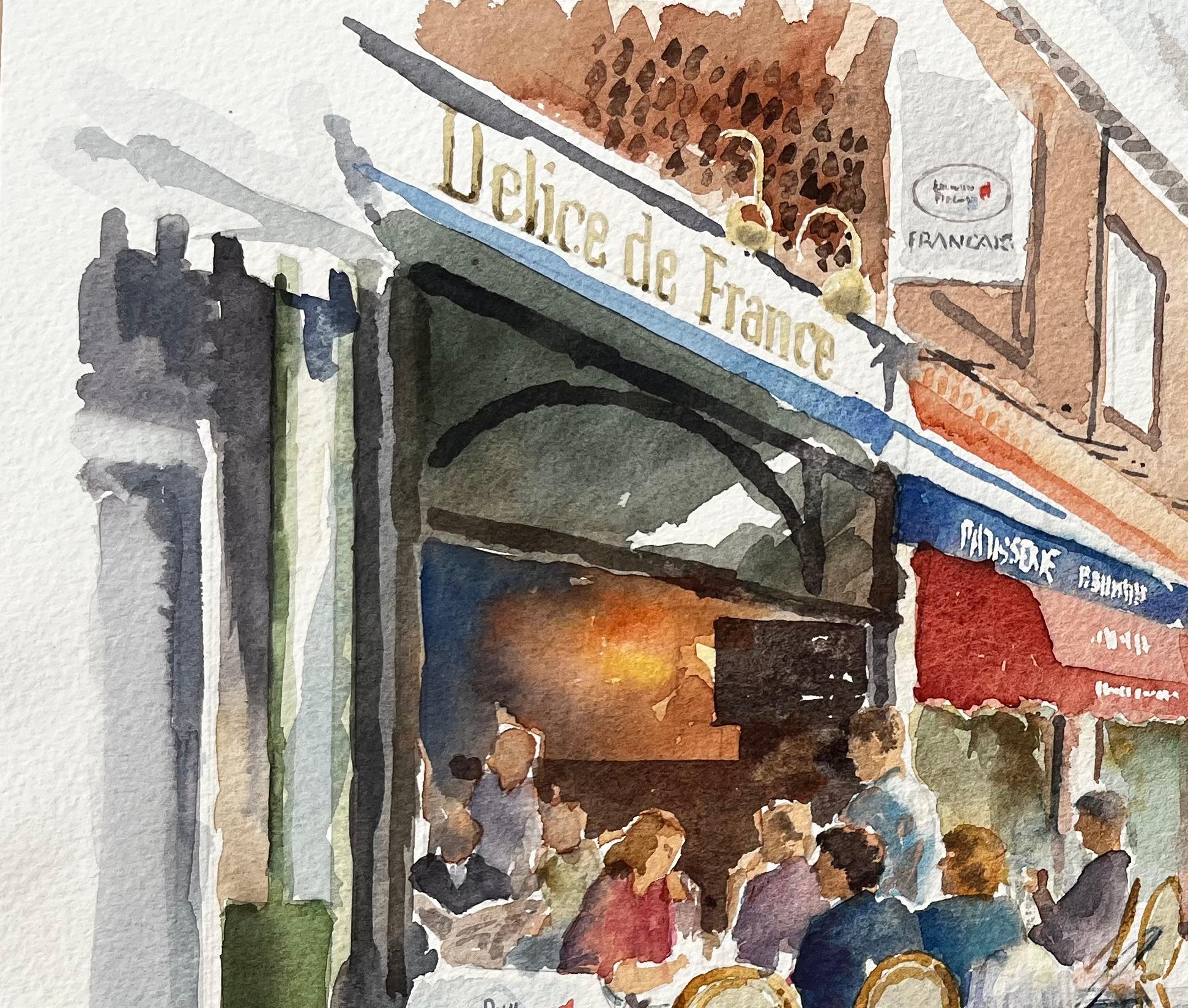 London Café Scene Delice de France with Diners and Red Awnings Street Study - Gray Landscape Painting by Anthony Herbert