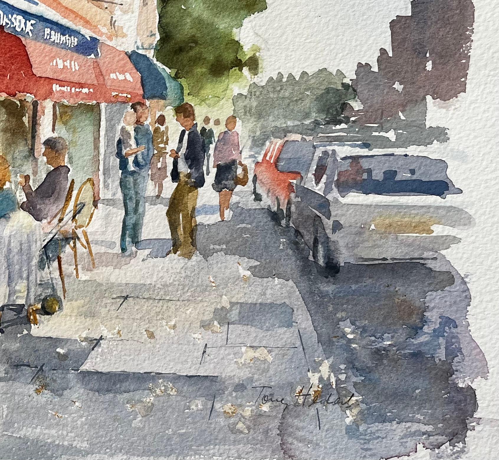 Title: London Café Scene Delice de France with Diners and Red Awnings Street Study
By Tony Herbert (1927-2024)
Signed: Bottom right corner
Medium: Watercolor on paper, unframed
Size: 11.25 inches (height) x 15 inches (width)
Condition: good, will