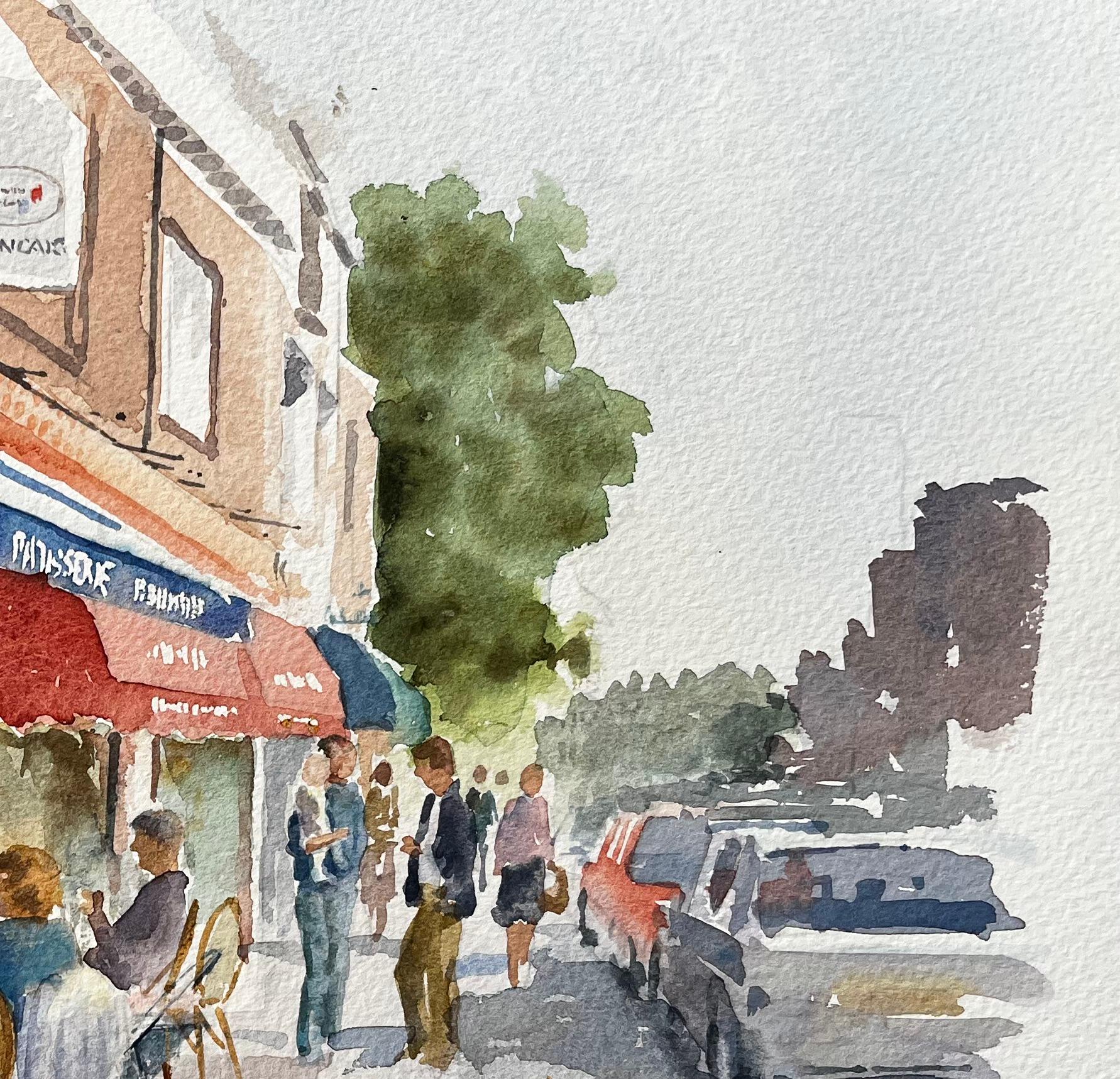 London Café Scene Delice de France with Diners and Red Awnings Street Study For Sale 1