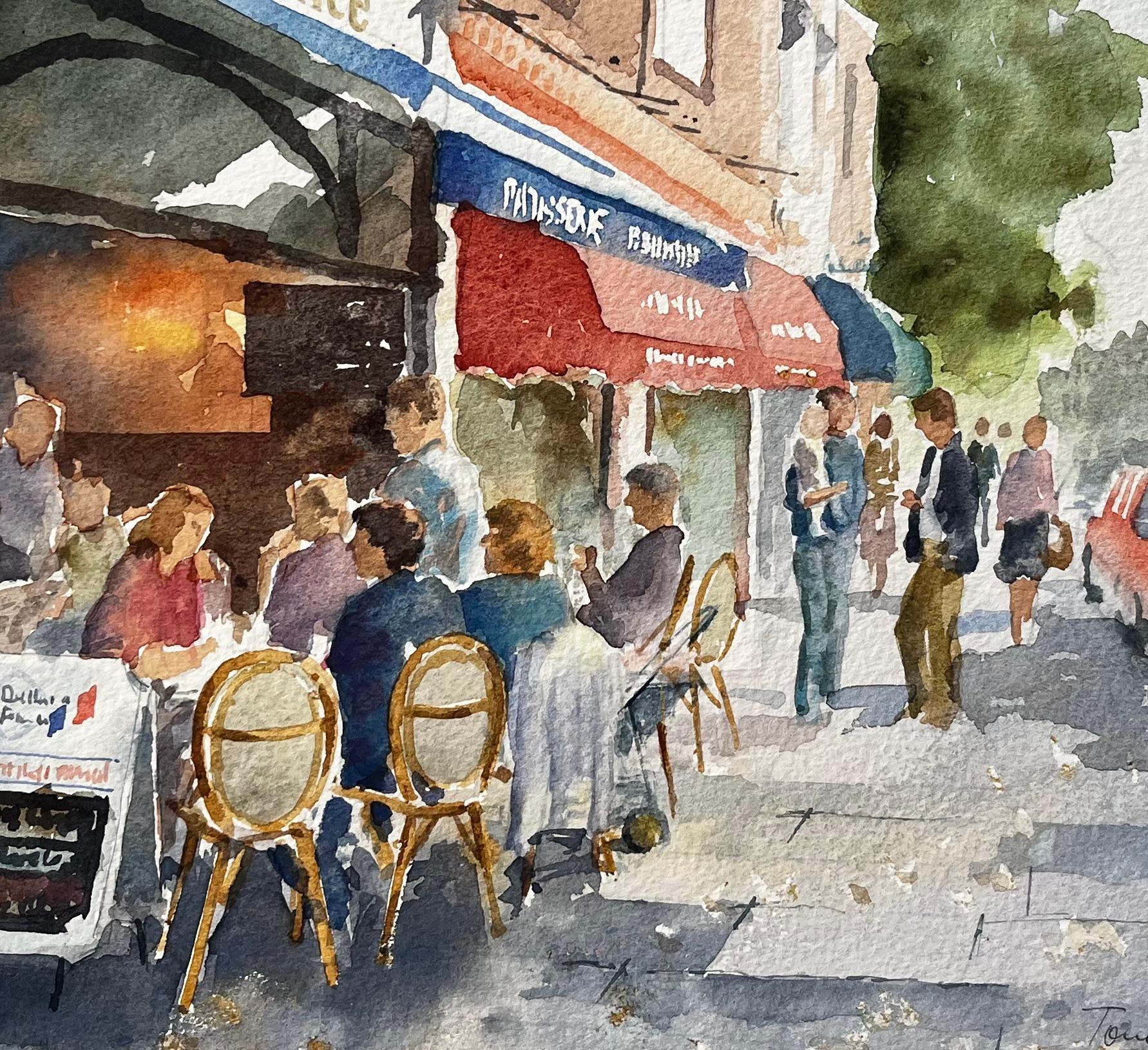 London Café Scene Delice de France with Diners and Red Awnings Street Study For Sale 2