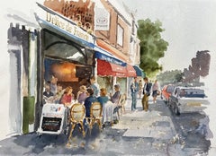 London Café Scene Delice de France with Diners and Red Awnings Street Study