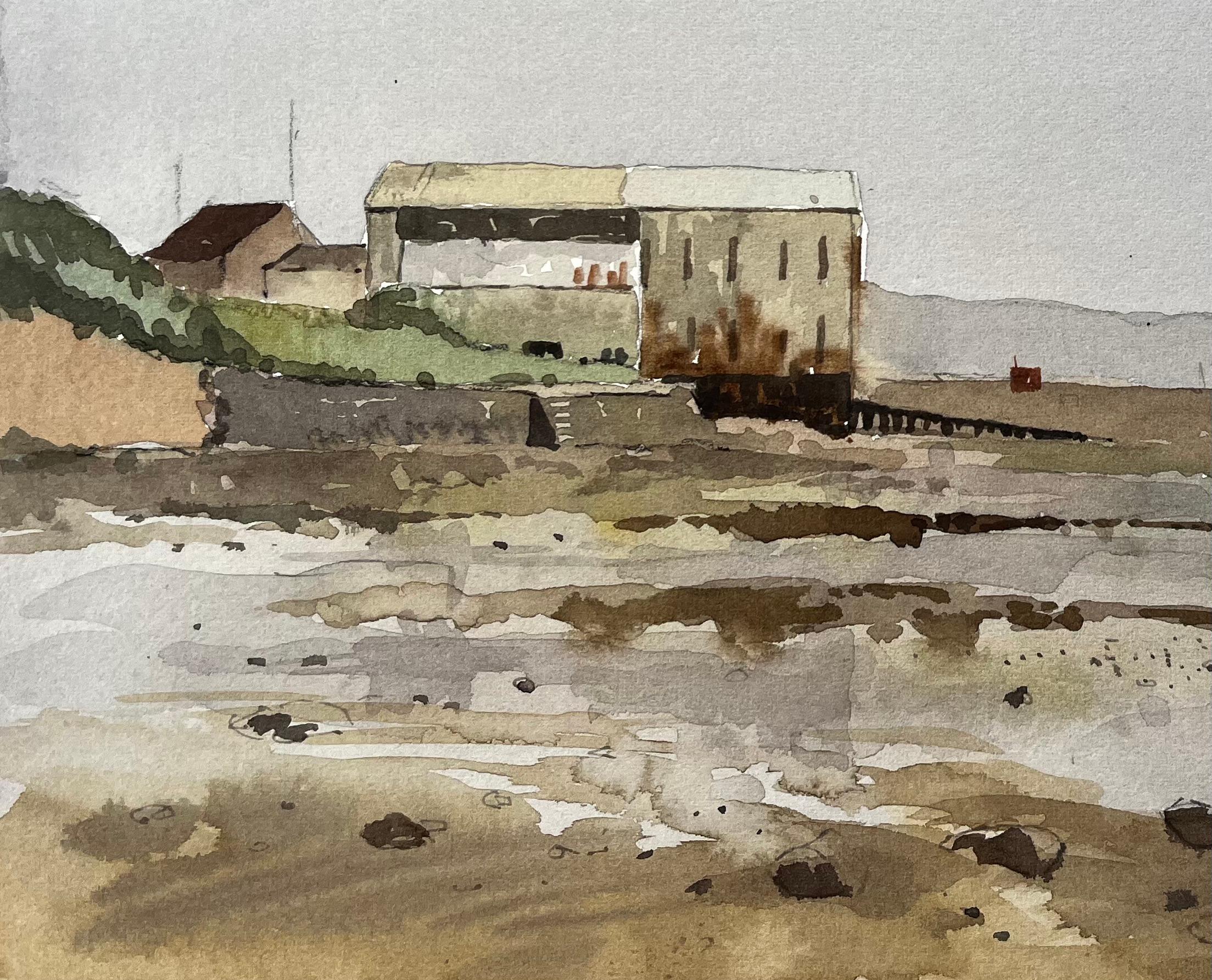Low Tide Coastal Scene Appledore Harbour Devon Watercolour Landscape 1987 - Gray Landscape Painting by Anthony Herbert