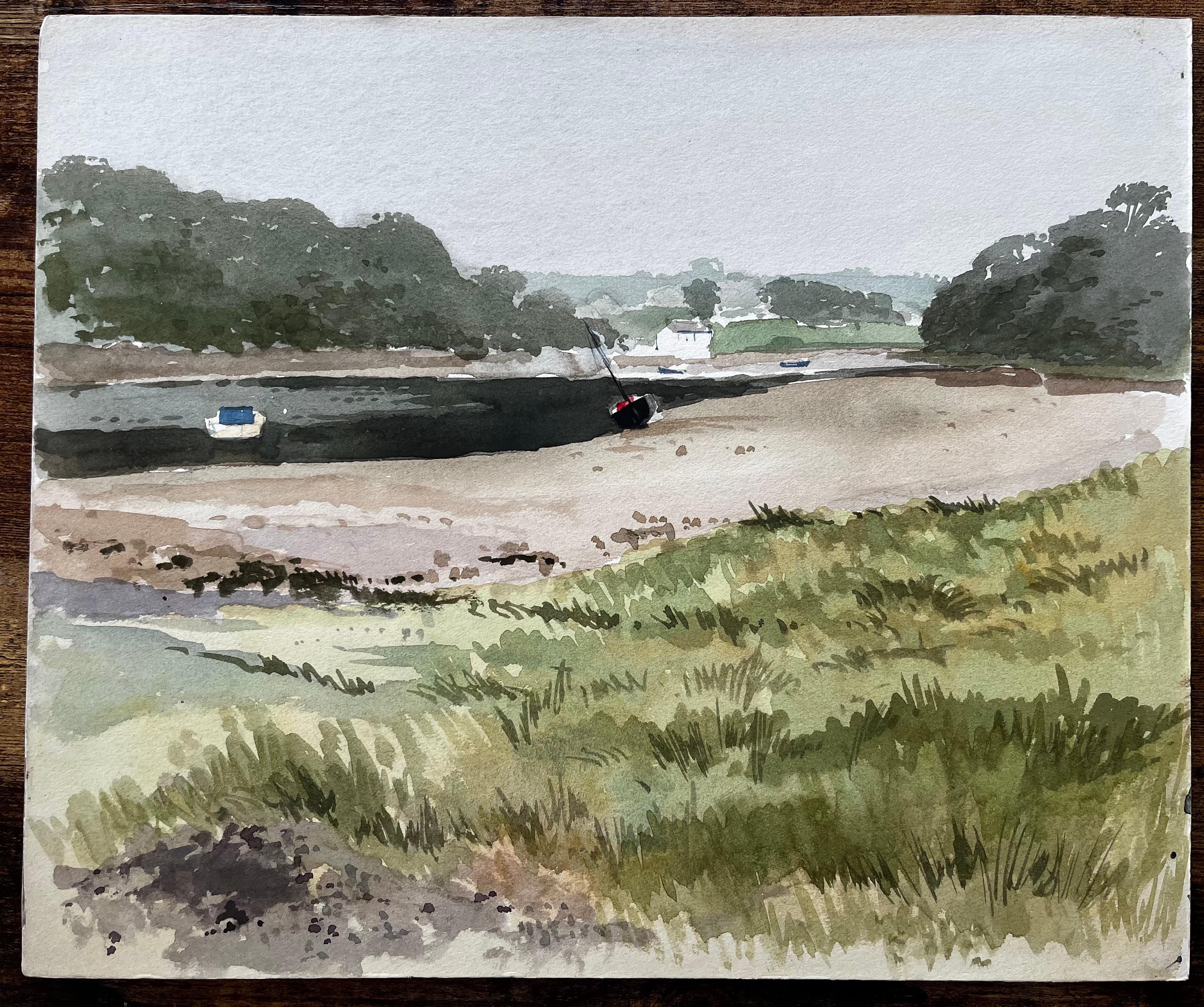 Scène d'estuaire à marée basse avec bateaux et bancs de sable Wales and Wales 1971 - Art de Anthony Herbert