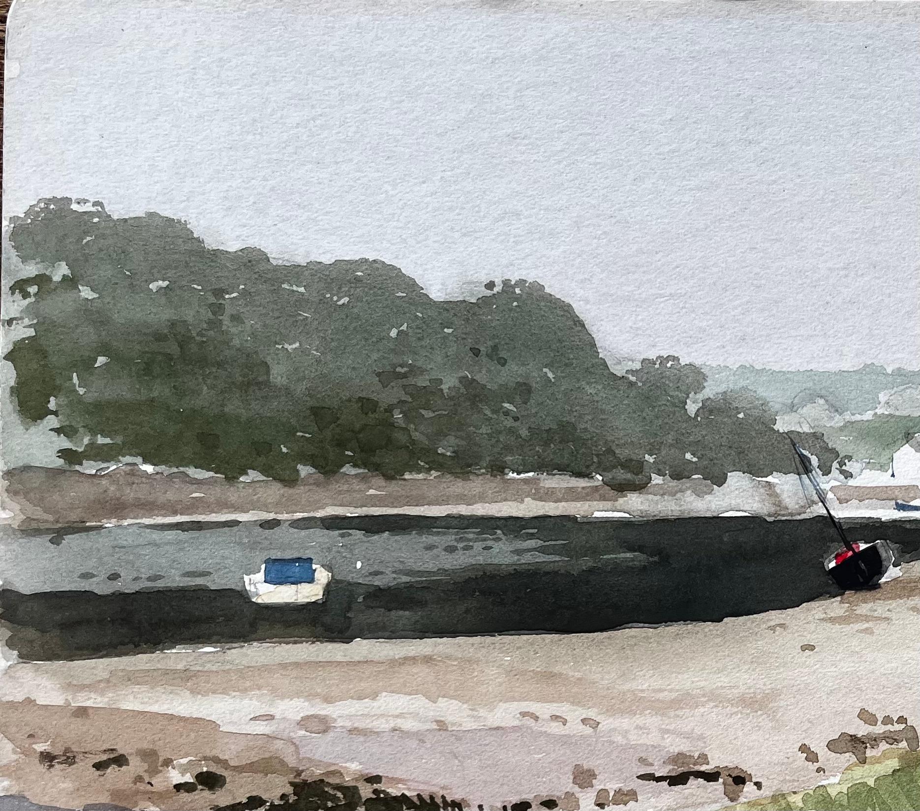 Scène d'estuaire à marée basse avec bateaux et bancs de sable Wales and Wales 1971 - Impressionnisme Art par Anthony Herbert