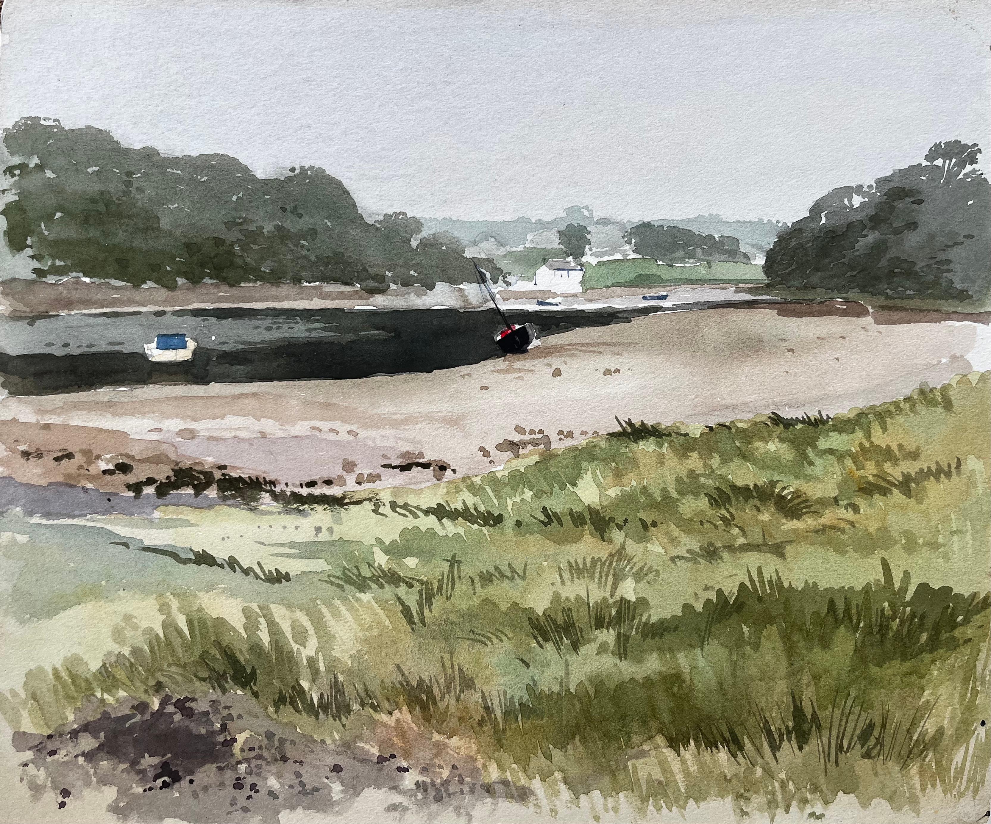 Landscape Art Anthony Herbert - Scène d'estuaire à marée basse avec bateaux et bancs de sable Wales and Wales 1971