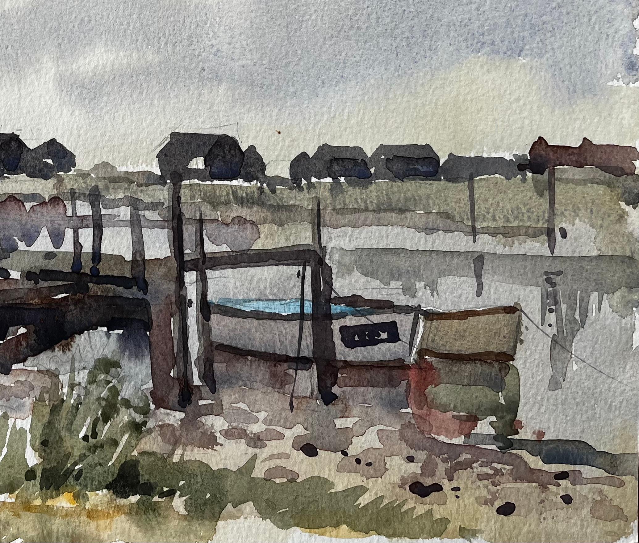 Niedrigwasser Fischerboote und Landungsbrücken Küstenmarschlandschaft Juli 1996 Aquarell (Impressionismus), Painting, von Anthony Herbert