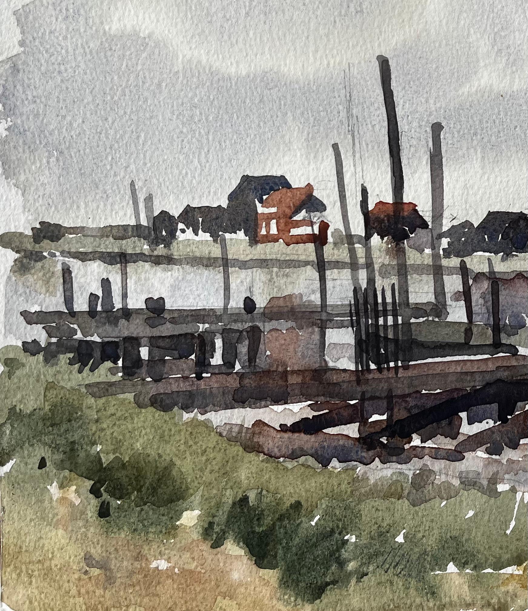 Titel: Ebbe Fischerboote und Stege Küstenmarschszene Juli 1996 Aquarell
Von Tony Herbert (1927-2024)
Verso beschriftet: 