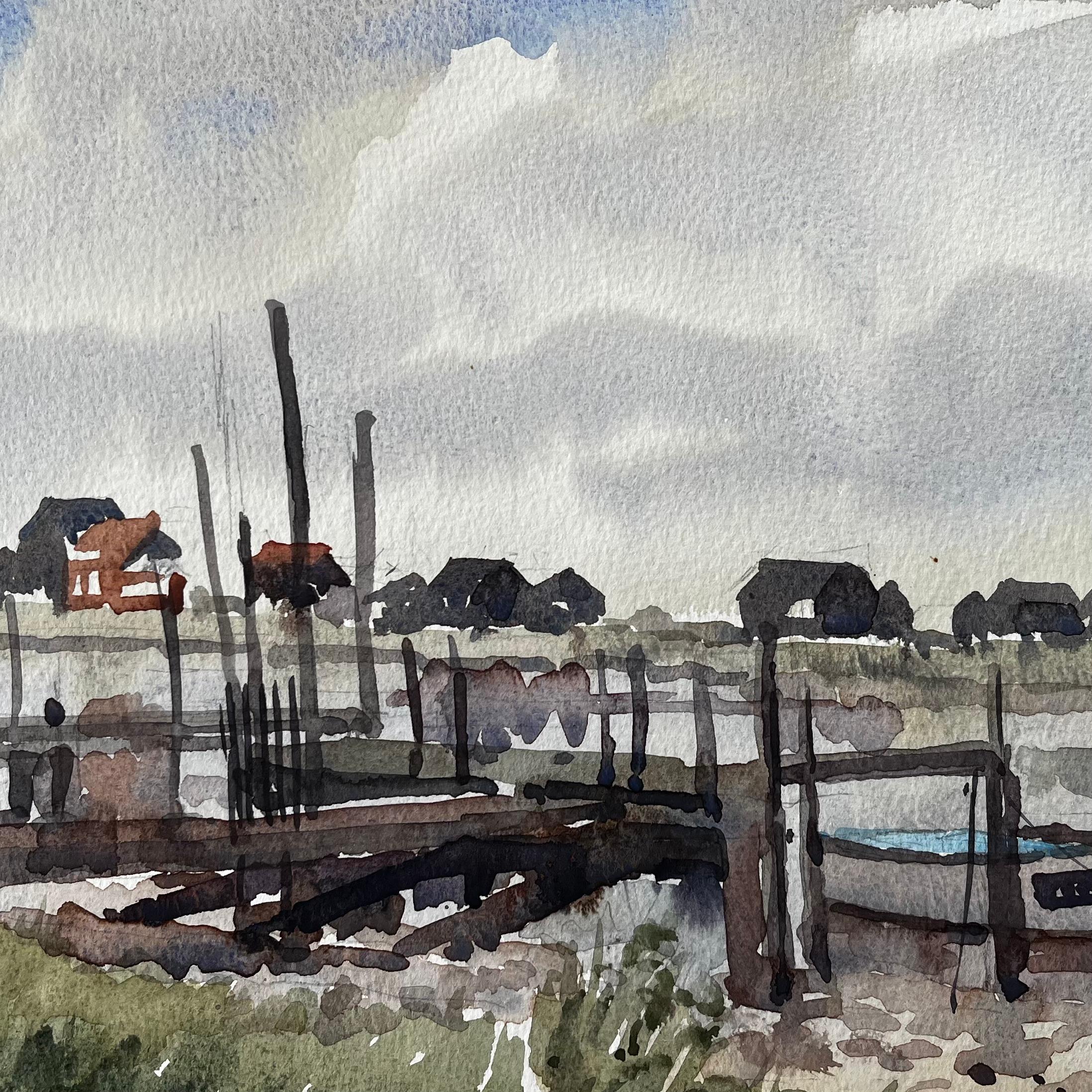 Niedrigwasser Fischerboote und Landungsbrücken Küstenmarschlandschaft Juli 1996 Aquarell im Angebot 2