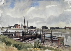 Marée basse Bateaux de pêche et jetées Scène de marais côtier Juillet 1996 Aquarelle
