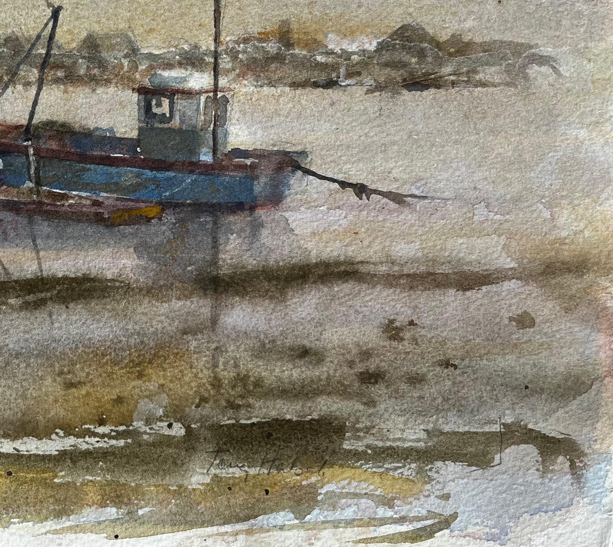 Neblige Mündung mit blauem Fischerboot und Figur und hölzernem Steg von Tony Herbert (Impressionismus), Art, von Anthony Herbert