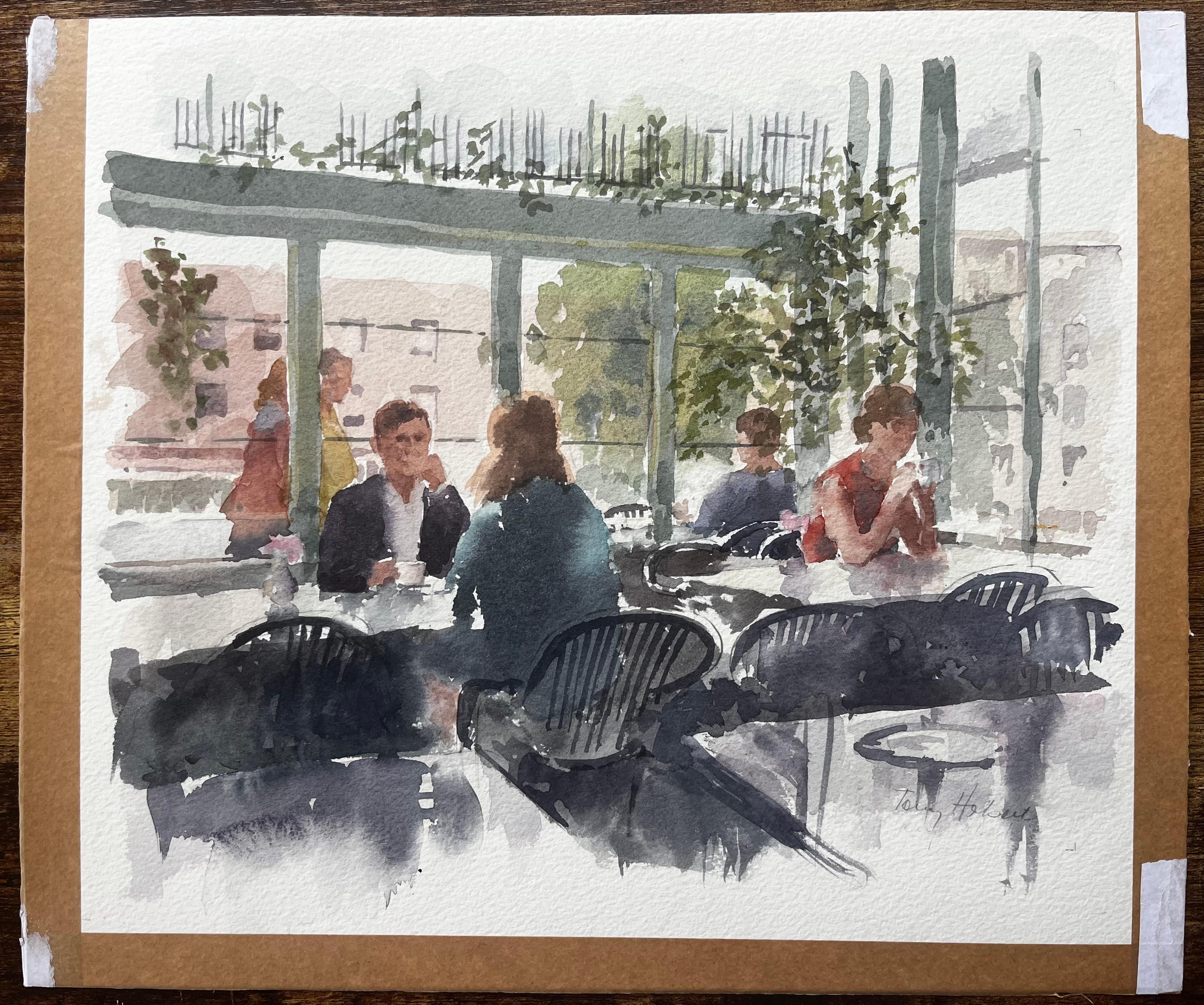 Moderne Café-Szene im Sonnenlicht mit Figuren und Glaswänden von Tony Herbert – Art von Anthony Herbert
