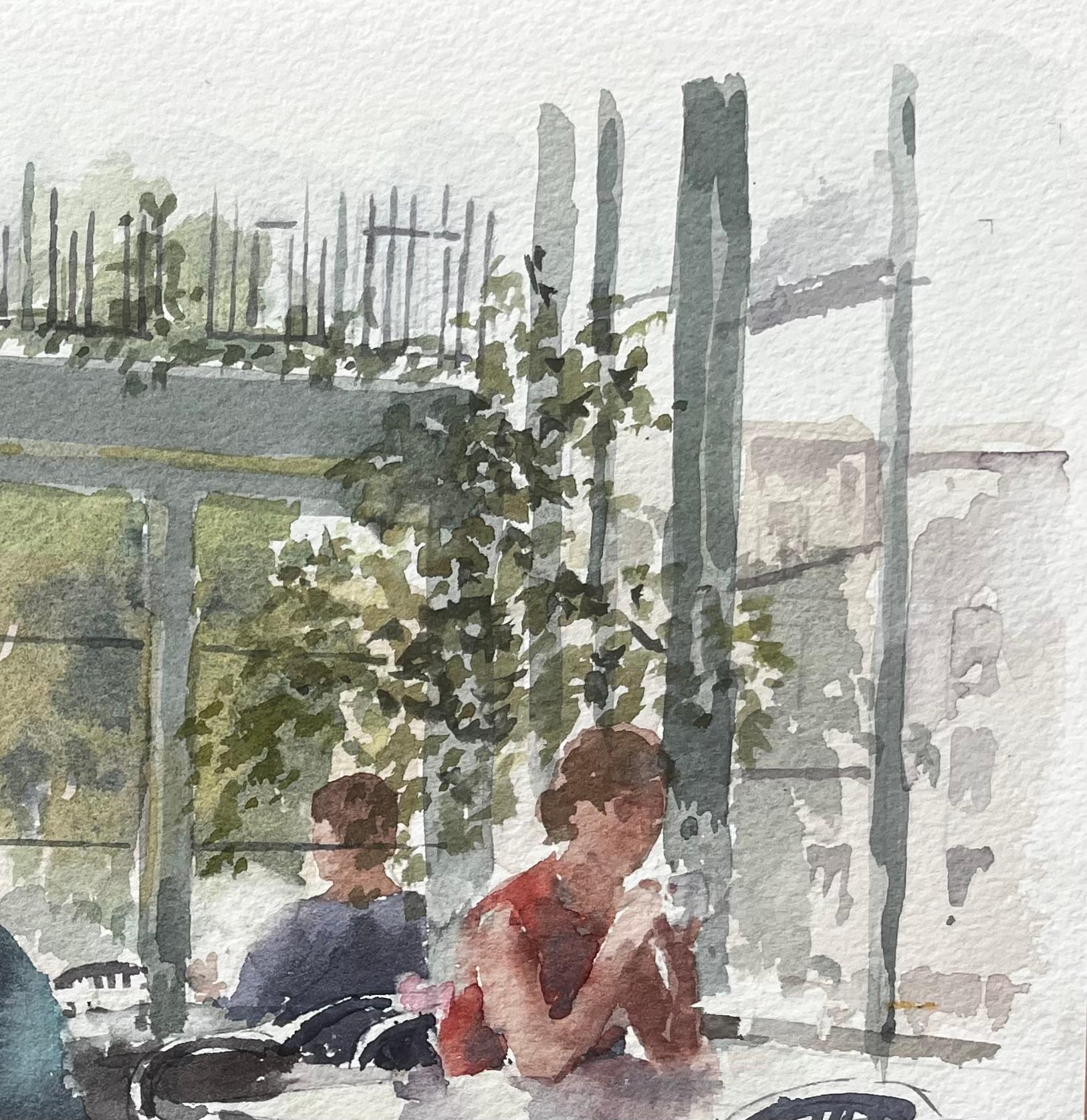 Moderne Café-Szene im Sonnenlicht mit Figuren und Glaswänden von Tony Herbert (Impressionismus), Art, von Anthony Herbert