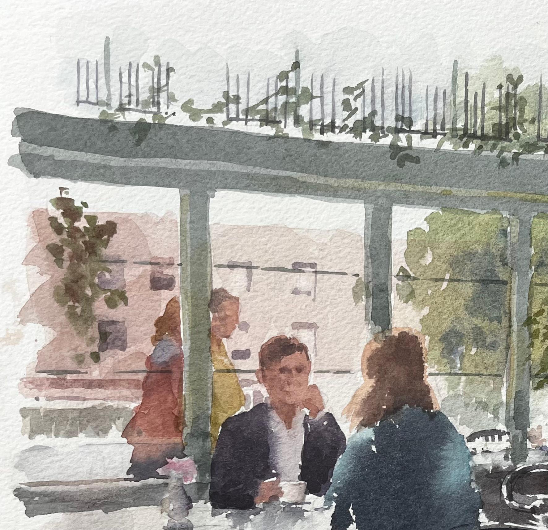 Moderne Café-Szene im Sonnenlicht mit Figuren und Glaswänden von Tony Herbert (Grau), Landscape Art, von Anthony Herbert