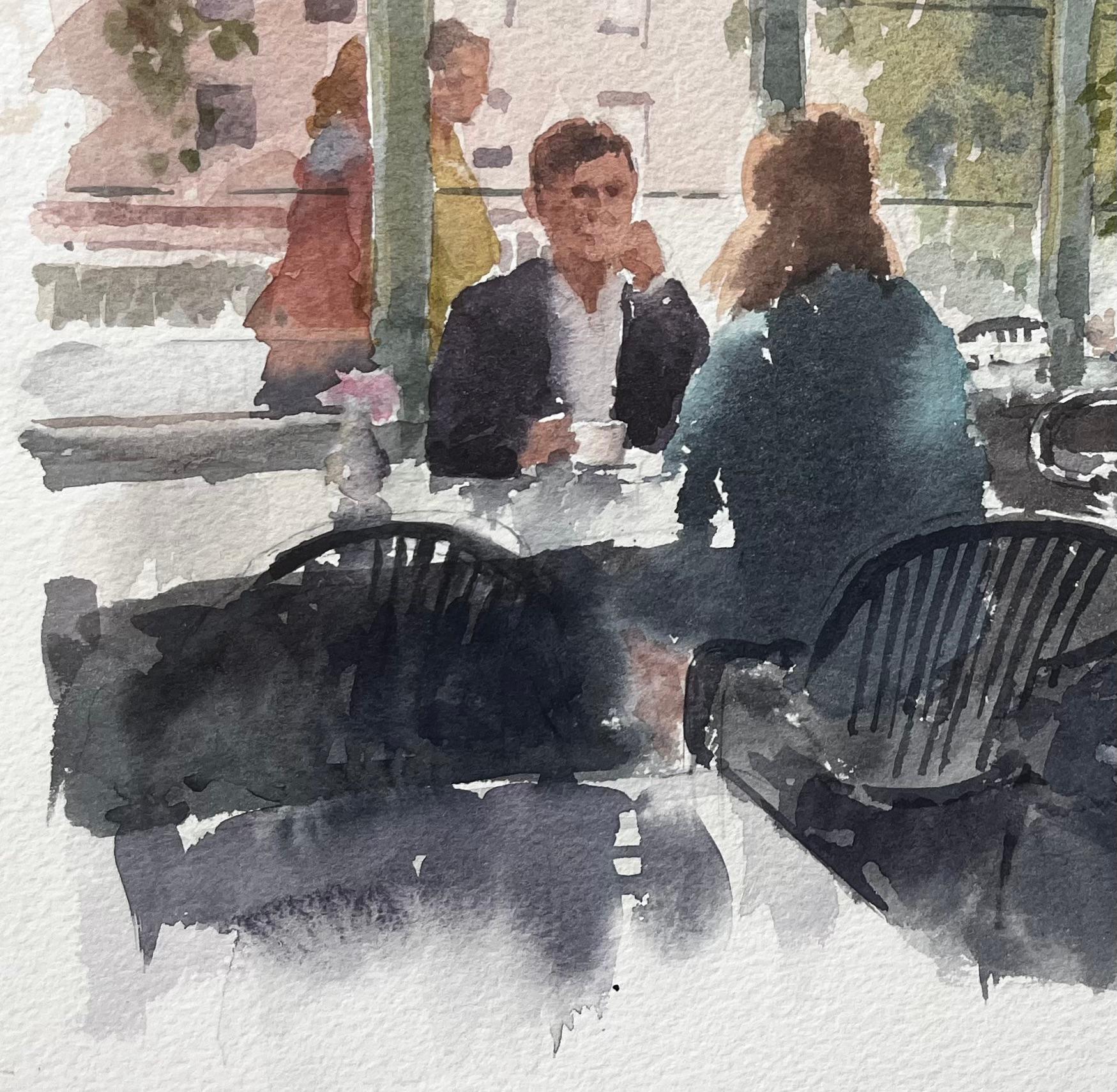 Moderne Café-Szene im Sonnenlicht mit Figuren und Glaswänden von Tony Herbert im Angebot 1
