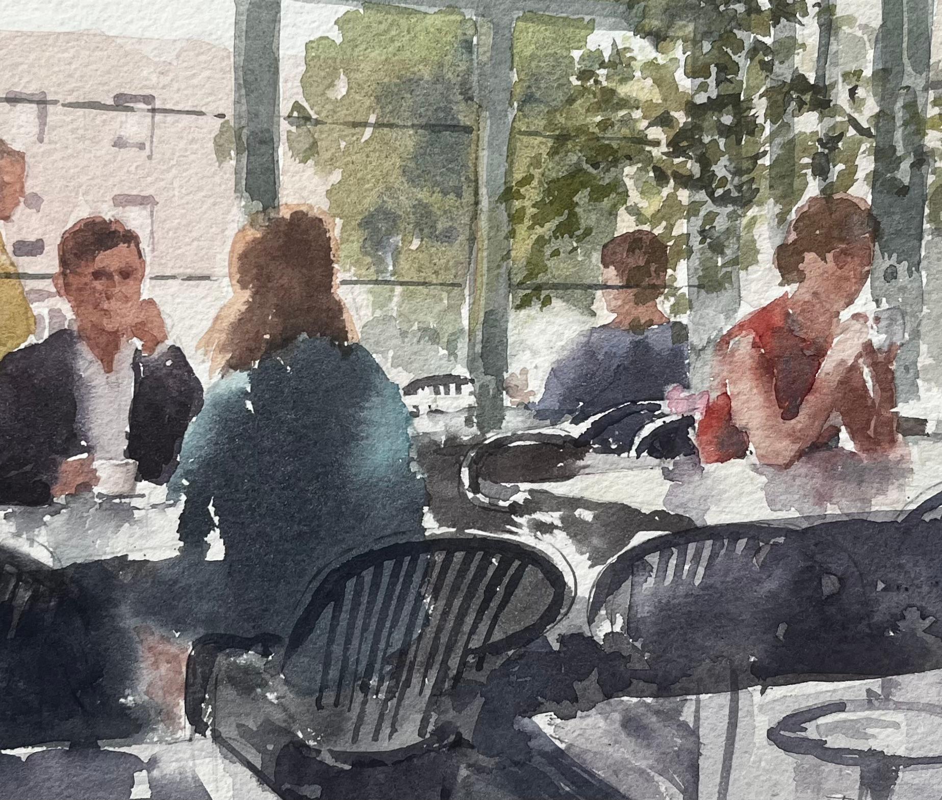 Moderne Café-Szene im Sonnenlicht mit Figuren und Glaswänden von Tony Herbert im Angebot 2
