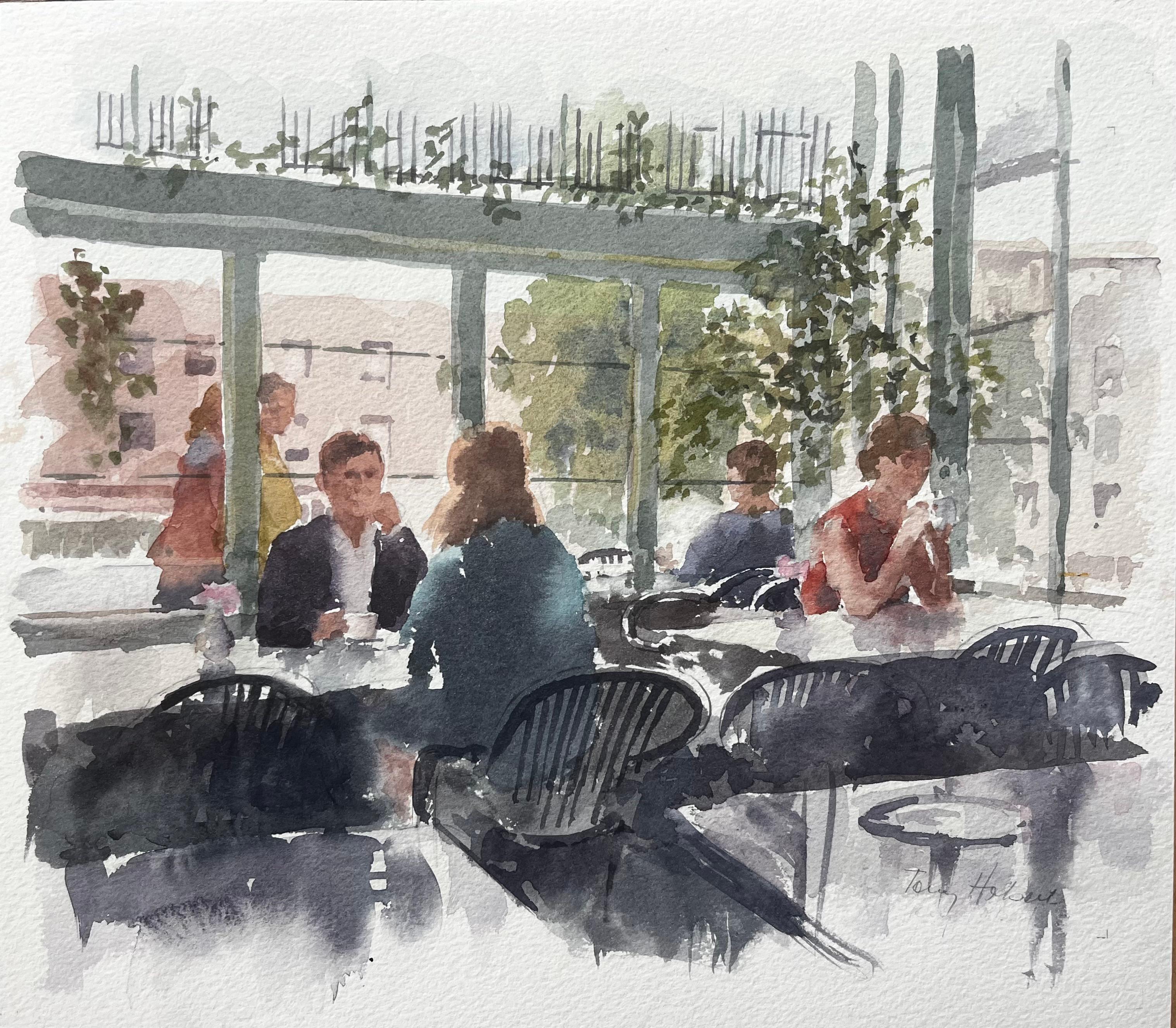 Anthony Herbert Landscape Art – Moderne Café-Szene im Sonnenlicht mit Figuren und Glaswänden von Tony Herbert