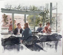 Moderne Café-Szene im Sonnenlicht mit Figuren und Glaswänden von Tony Herbert