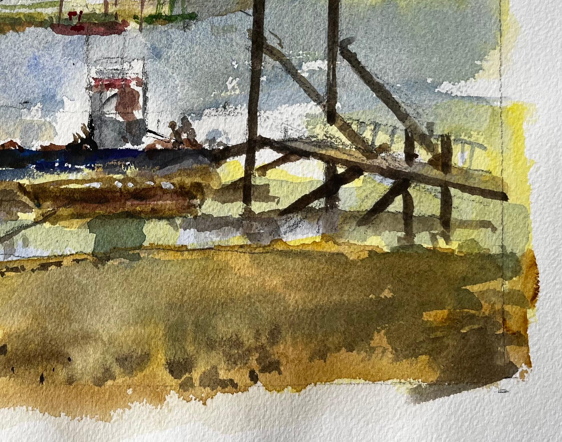 Vertäutes Fischerboot mit Anlegesteg und entfernten Schuppen Maritimes Aquarell Ostküste im Angebot 1
